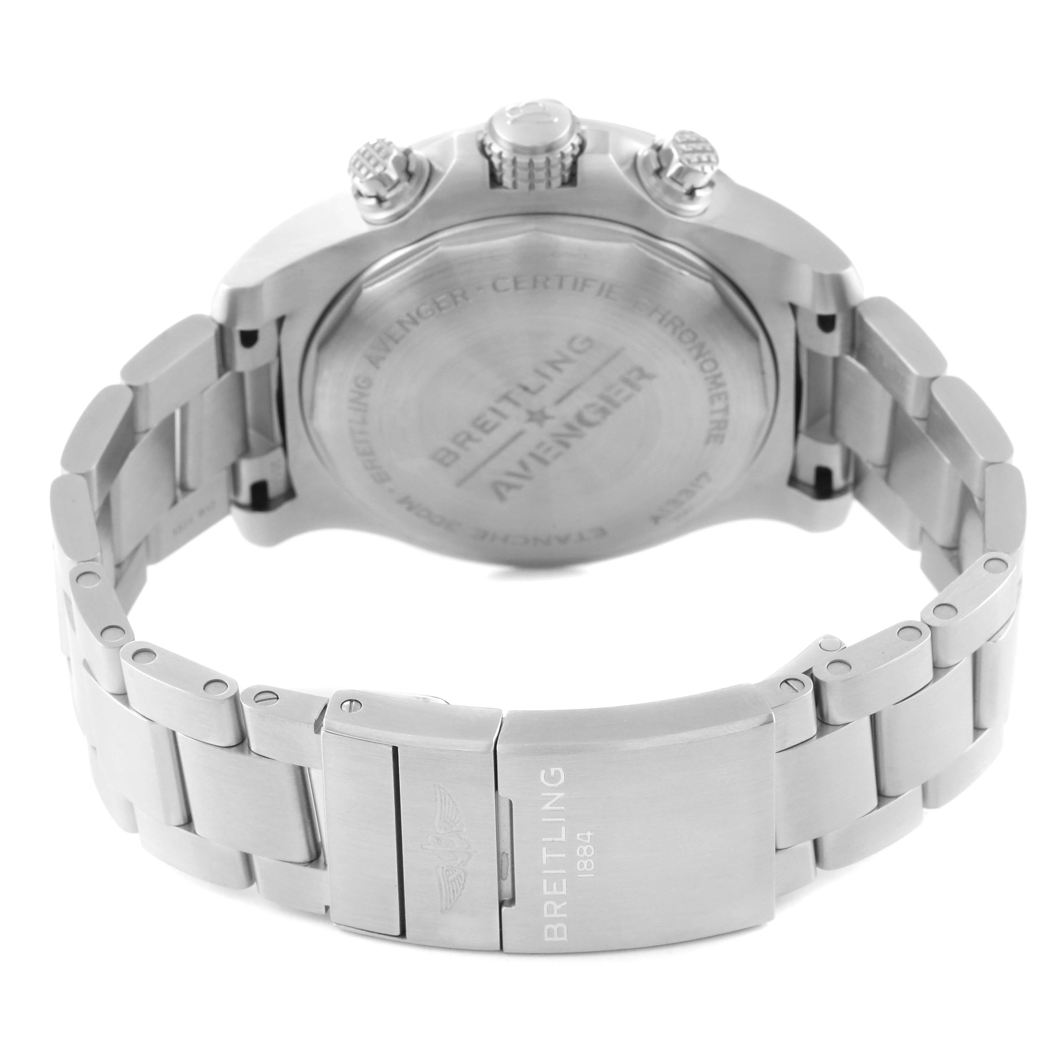 This image shows the back and clasp of a Breitling Avenger A13317101B1X1 Men's Stainless Steel Black Dial A13317101B1X1 Men's Stainless Steel Black Dial watch, highlighting its stainless steel bracelet and caseback.