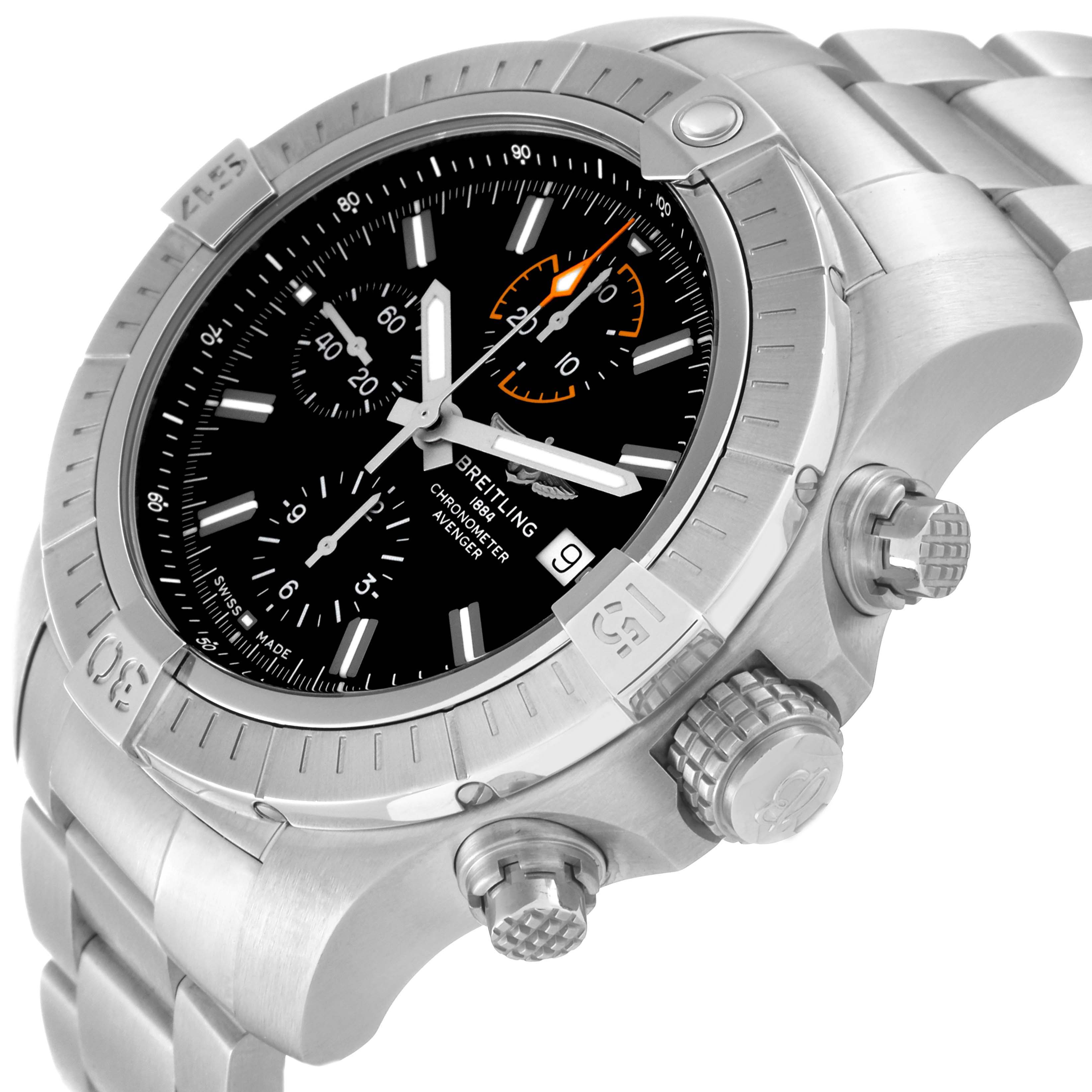 The image shows a side and angled view of the Breitling Avenger A13317101B1X1 Men's Stainless Steel Black Dial A13317101B1X1 Men's Stainless Steel Black Dial model watch, highlighting the crown and chronograph pushers.