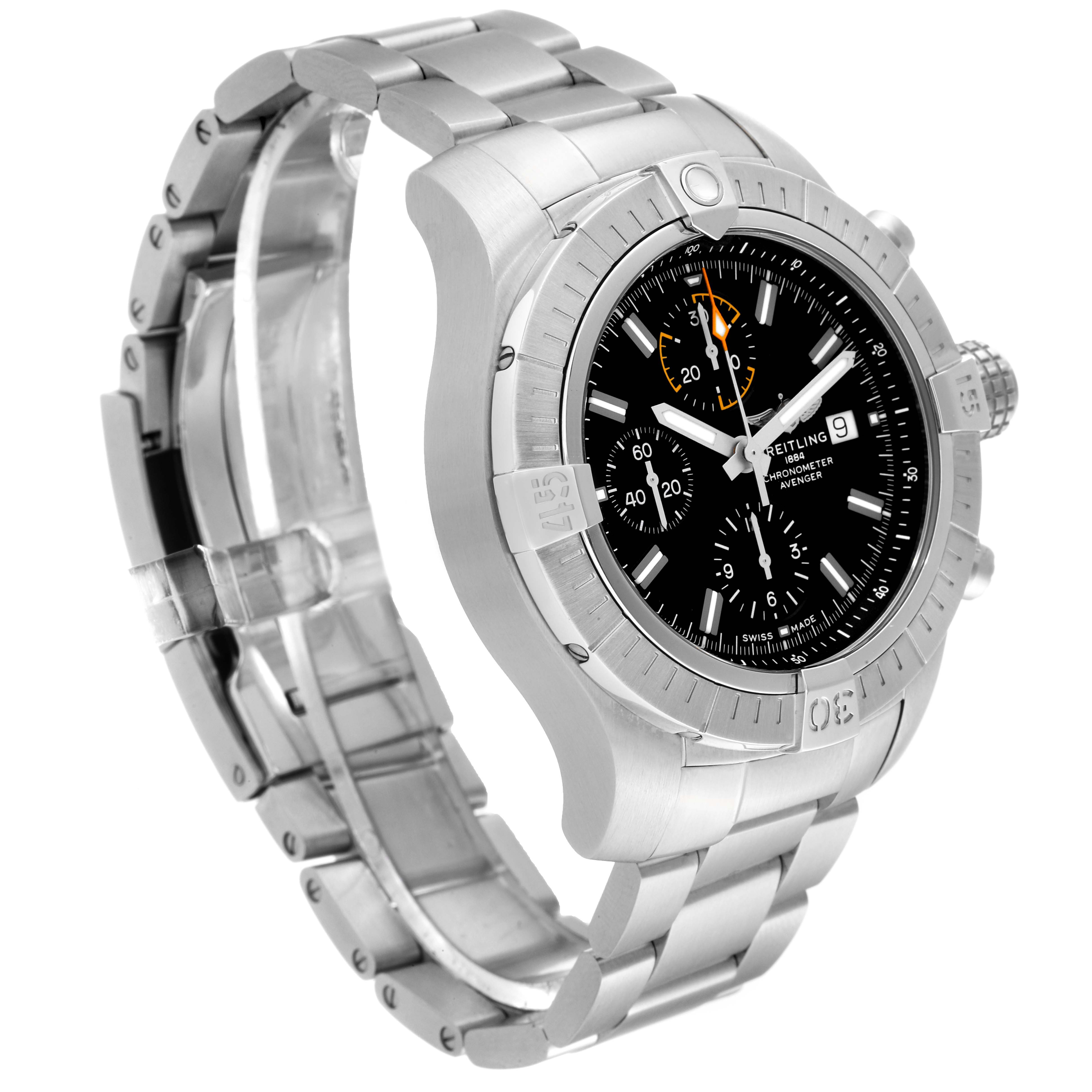 The image shows a Breitling Avenger A13317101B1X1 Men's Stainless Steel Black Dial A13317101B1X1 Men's Stainless Steel Black Dial watch from a front-left angle, highlighting the face, bezel, and metal bracelet.