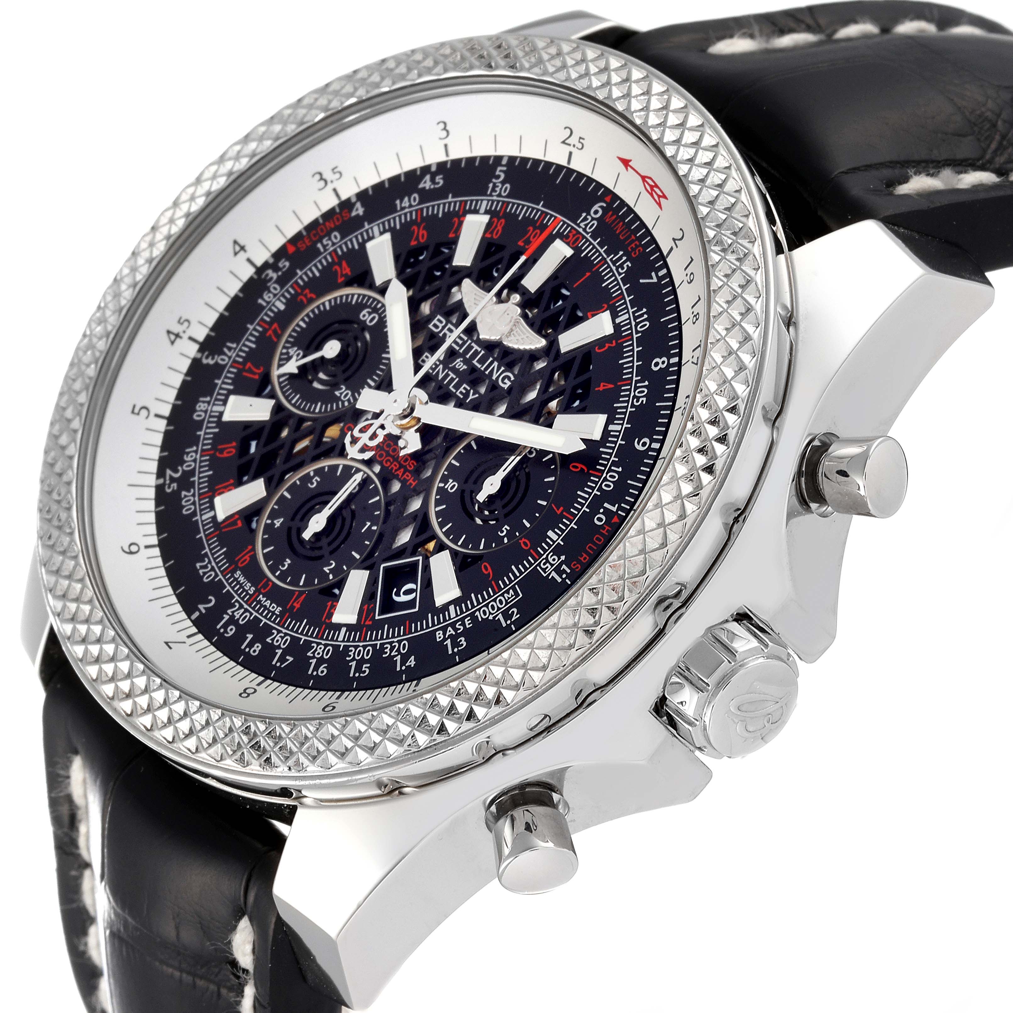 This image shows a Breitling Bentley AB0611 Men's Stainless Steel Black Dial AB0611 Men's Stainless Steel Black Dial watch at a slight angle, highlighting its intricate dial, bezel, crown, and pushers.