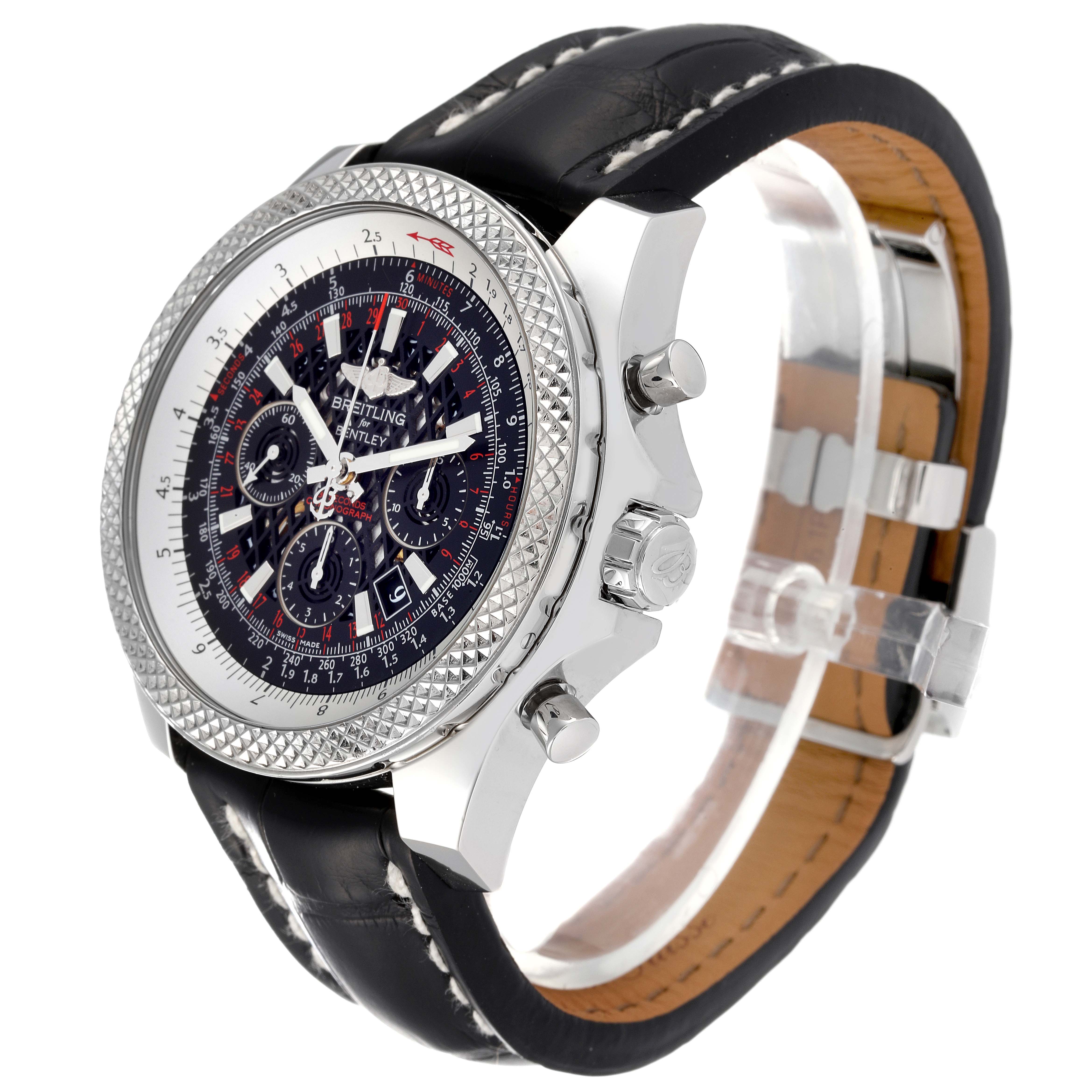 The image shows a Breitling Bentley AB0611 Men's Stainless Steel Black Dial AB0611 Men's Stainless Steel Black Dial watch at a 3/4 angle, displaying the face, bezel, crown, chronograph buttons, and leather strap.