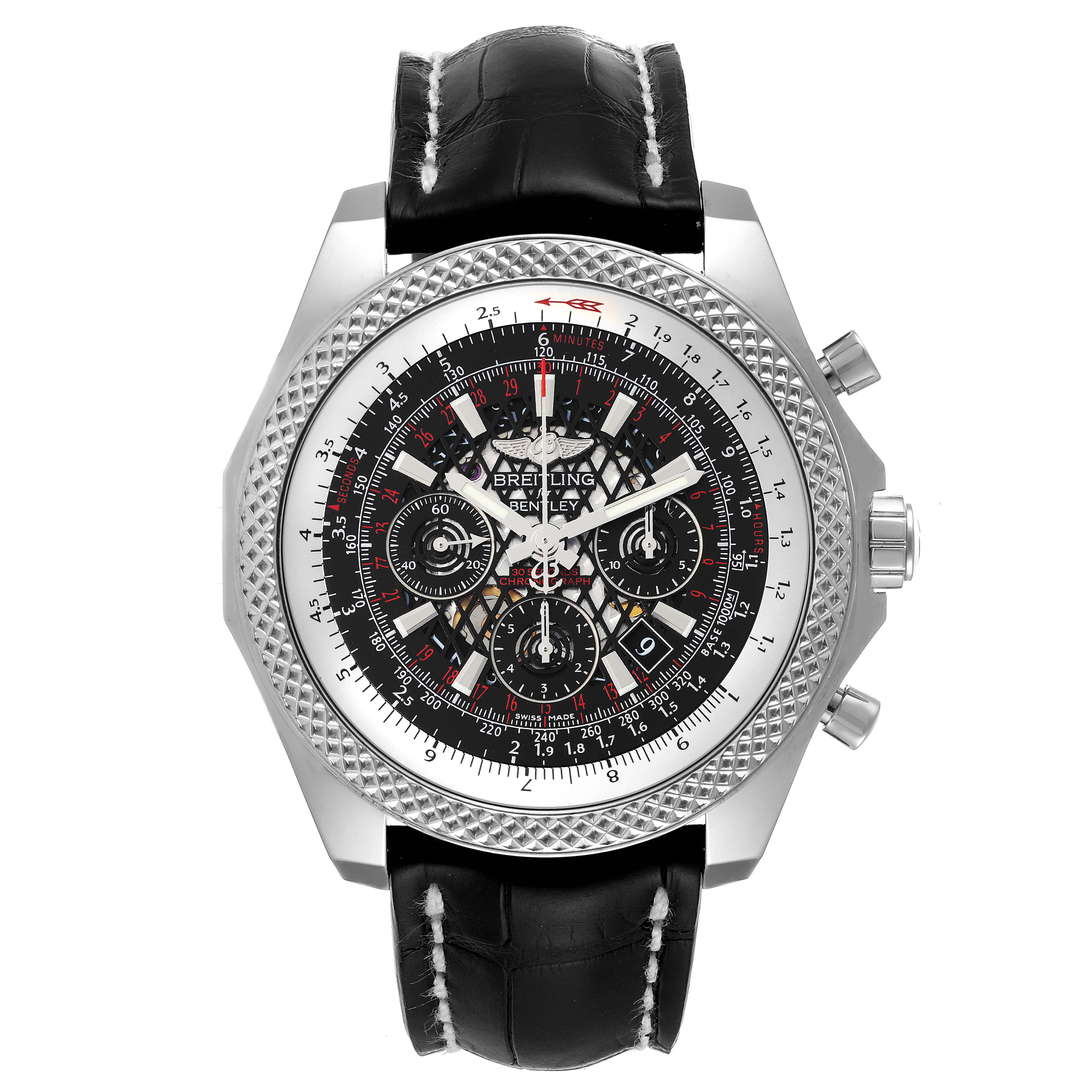 The image shows the front view of a Bentley model watch by Breitling, featuring its intricate dial and black leather strap.