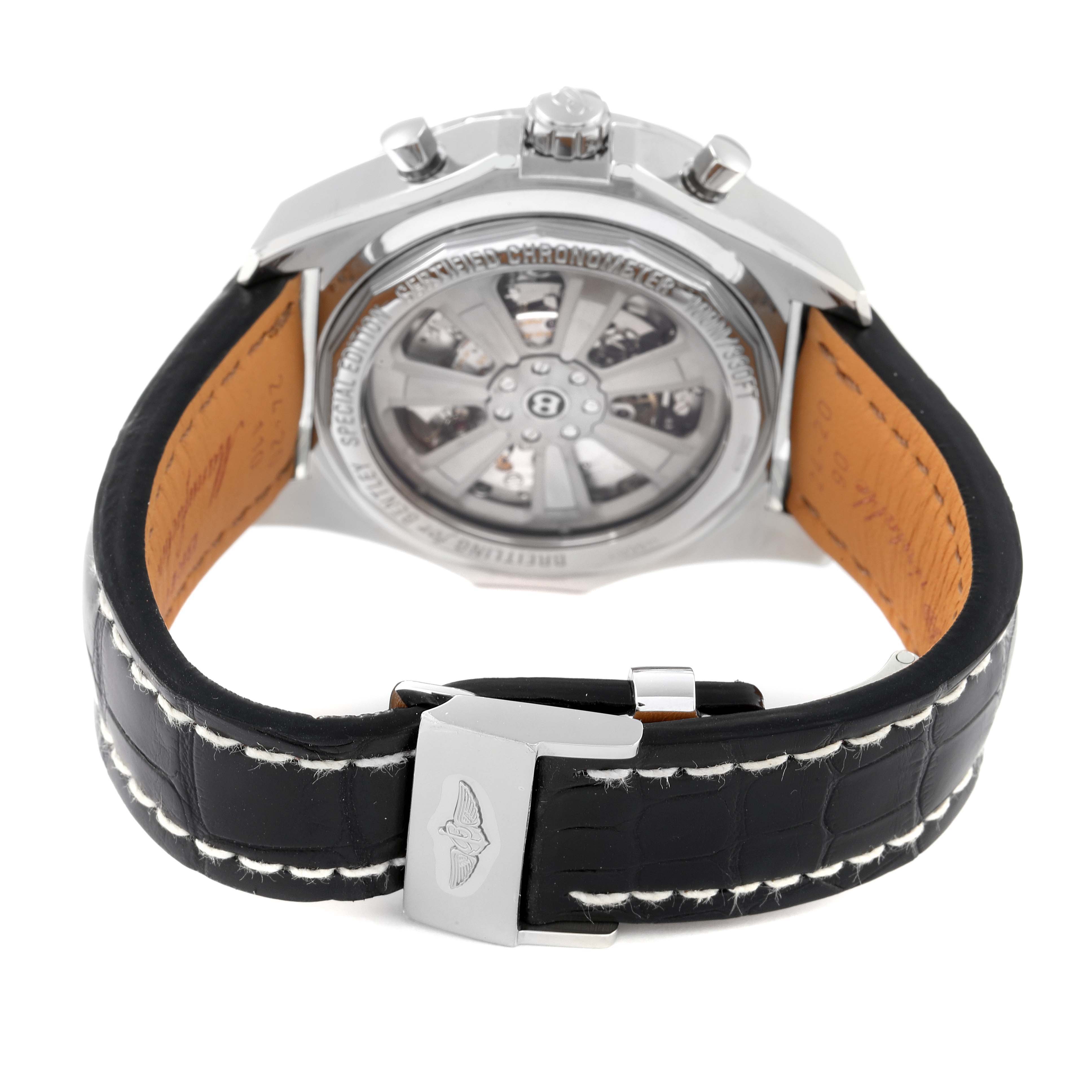 The image shows the back view of a Bentley model by Breitling, highlighting the leather strap, clasp, and the transparent case back.