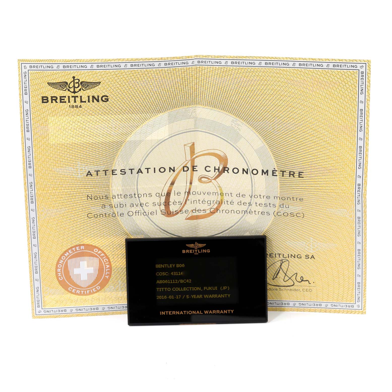 The image shows a Breitling Bentley AB0611 Men's Stainless Steel Black Dial AB0611 Men's Stainless Steel Black Dial model's certificate and its international warranty card.