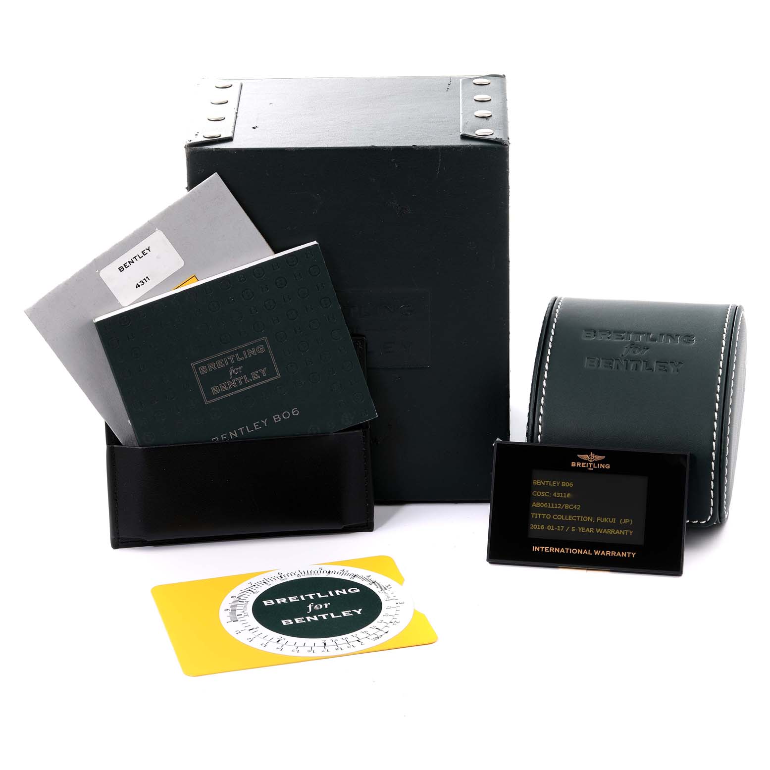 The image shows the packaging, manuals, warranty card, and accessories for a Breitling Bentley AB0611 Men's Stainless Steel Black Dial AB0611 Men's Stainless Steel Black Dial watch model.
