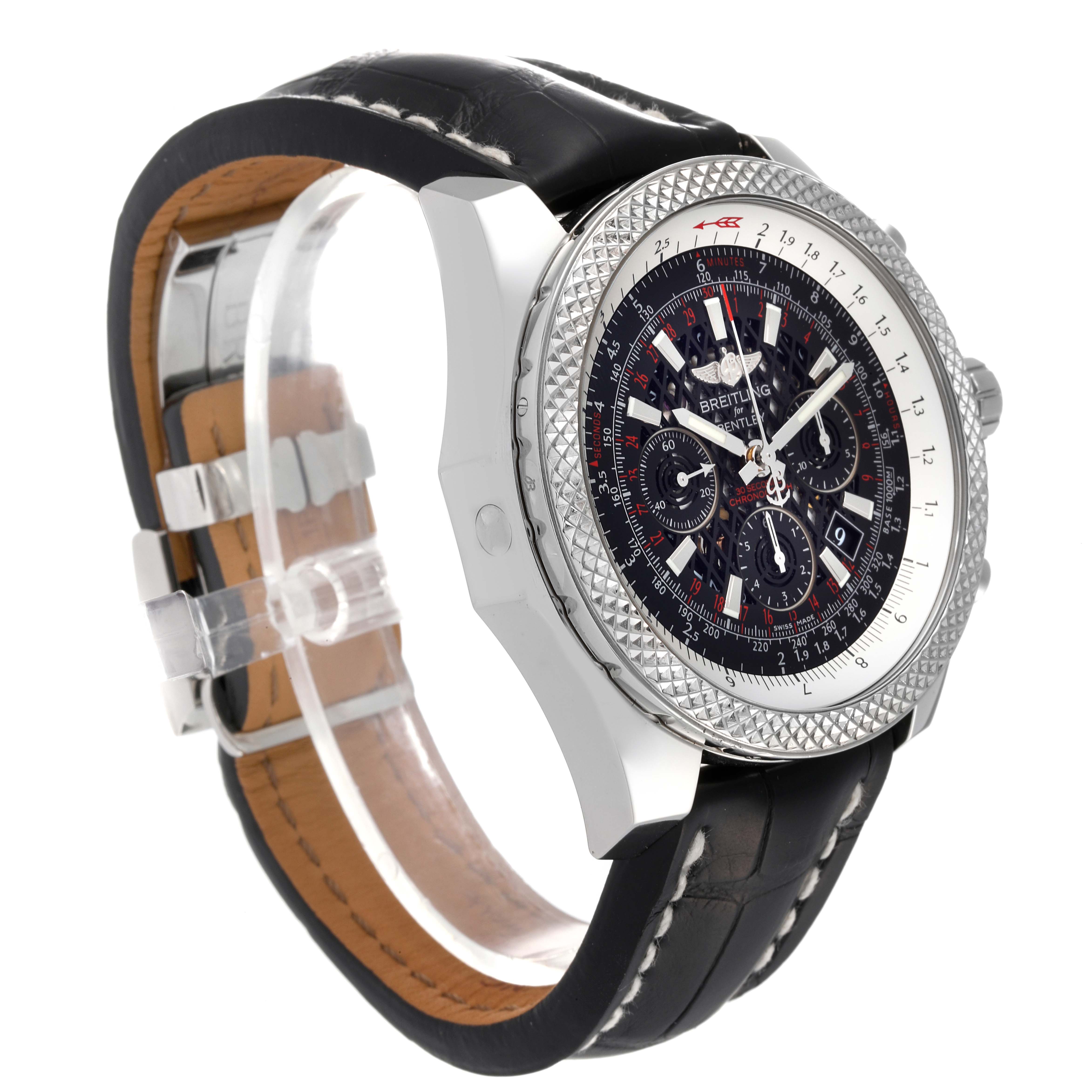 The image shows a side-angle view of the Breitling Bentley AB0611 Men's Stainless Steel Black Dial AB0611 Men's Stainless Steel Black Dial watch, highlighting the face, bezel, and part of the leather strap.