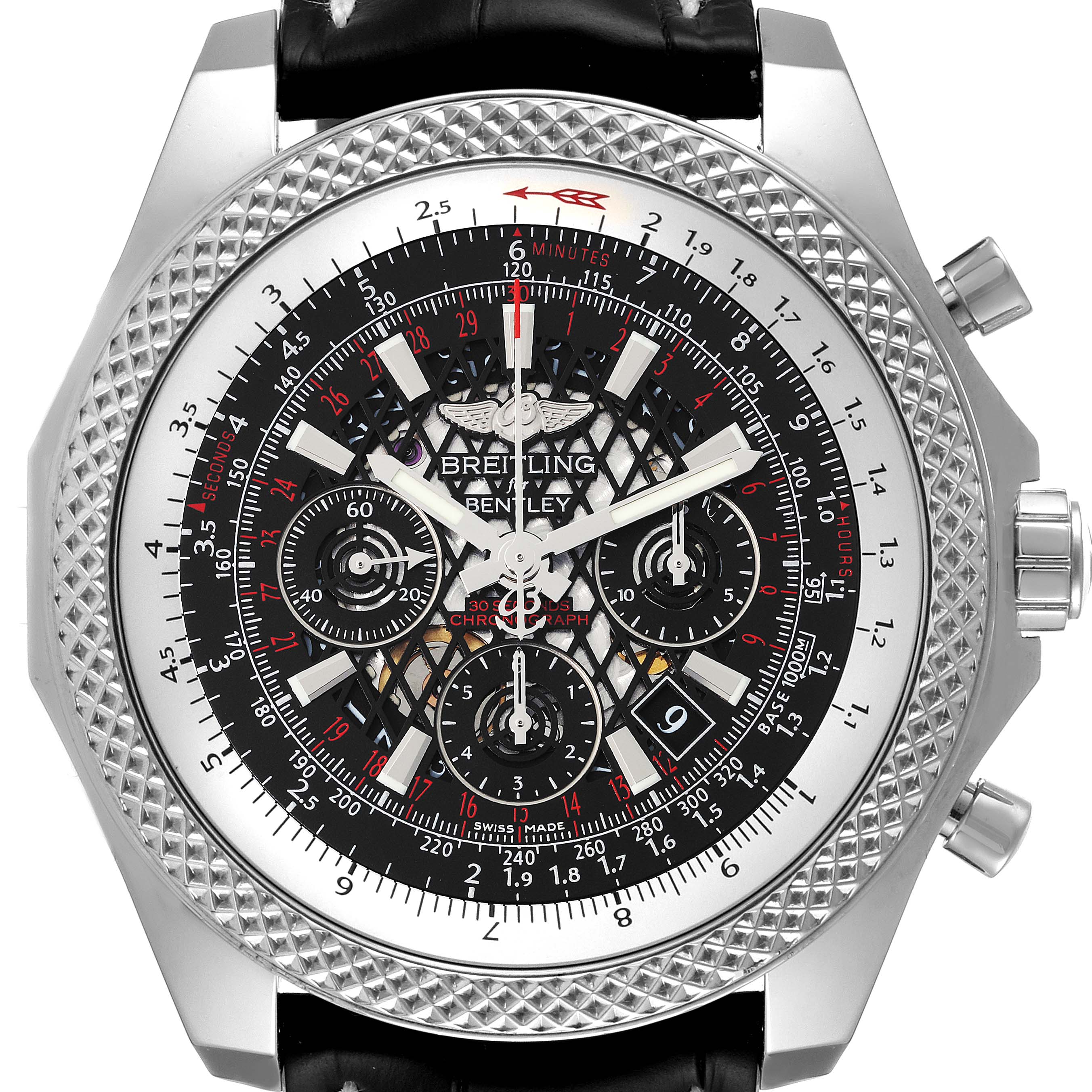 This image shows a frontal view of a Breitling Bentley AB0611 Men's Stainless Steel Black Dial AB0611 Men's Stainless Steel Black Dial model watch, featuring its dial, bezel, and pushers.