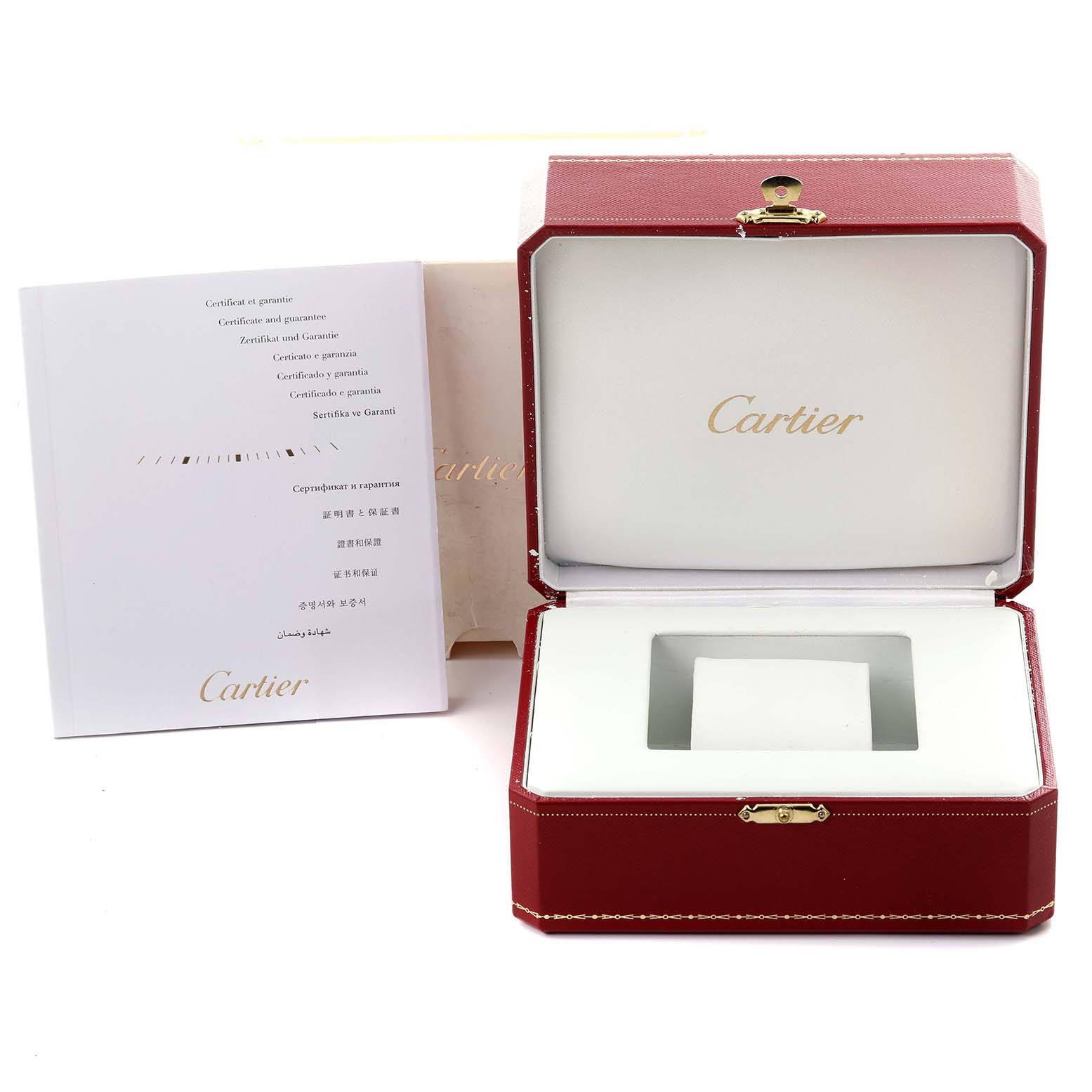 The image shows the open box and booklet for a Calibre de Cartier watch by Cartier, viewed from the front.