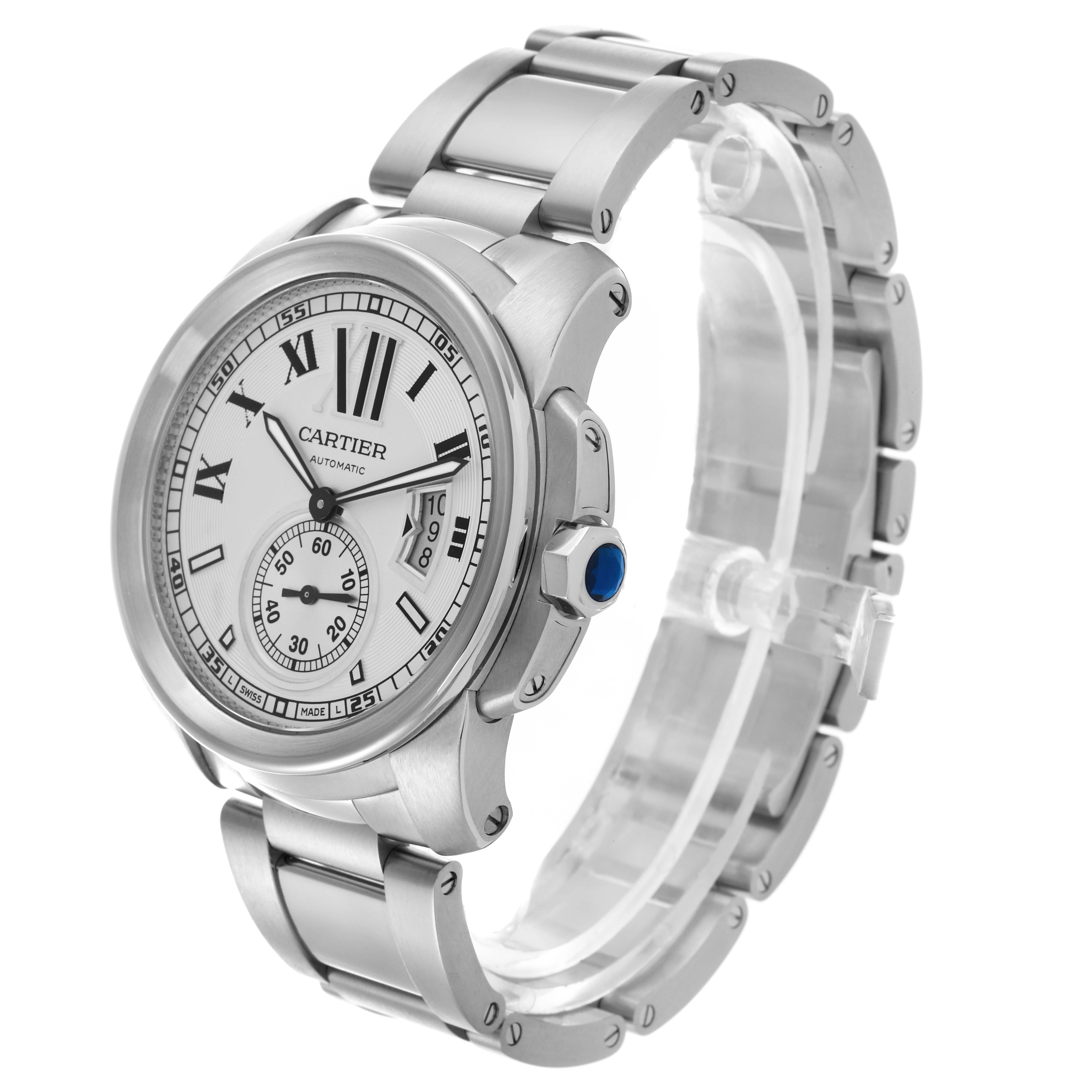 The Calibre de Cartier watch is shown at a three-quarter angle, displaying the face, crown, and bracelet.