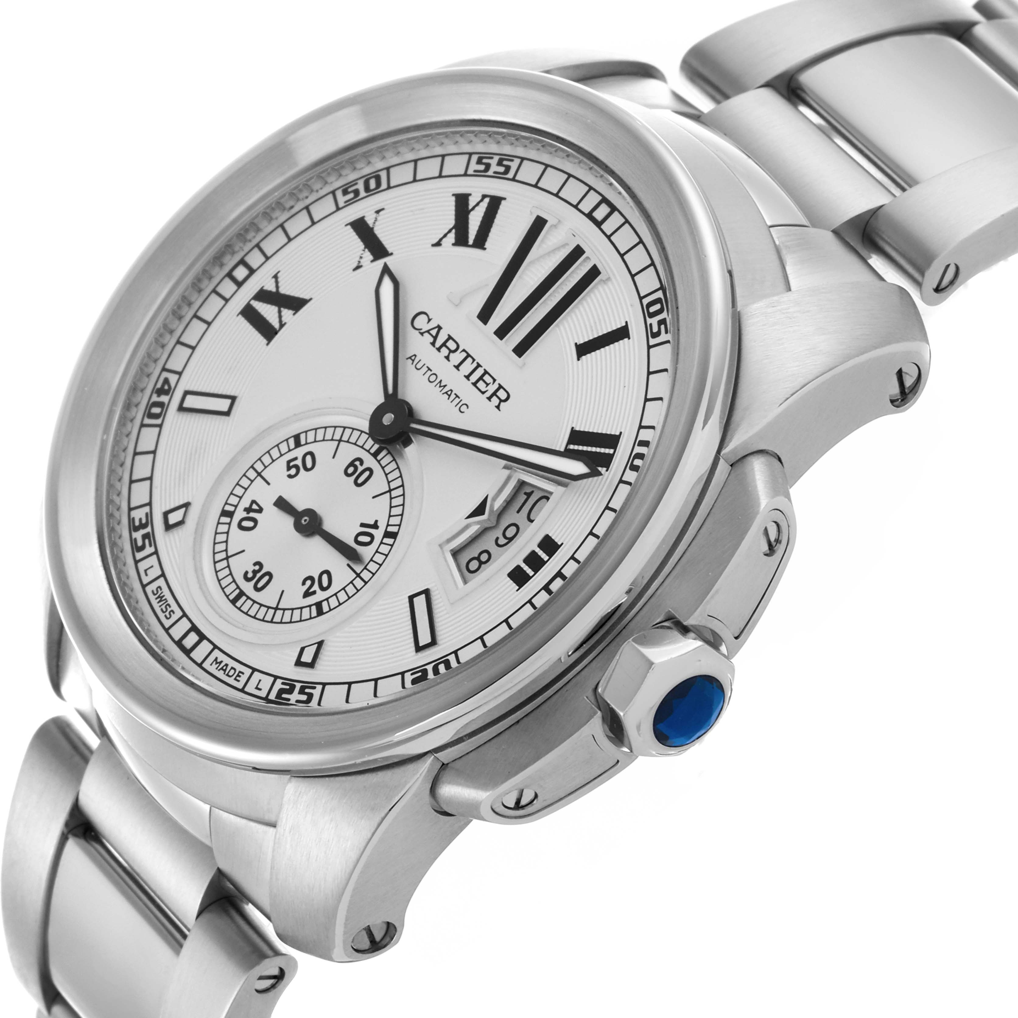 The image shows a side angle of the Calibre de Cartier watch, highlighting the bezel, dial, and crown.