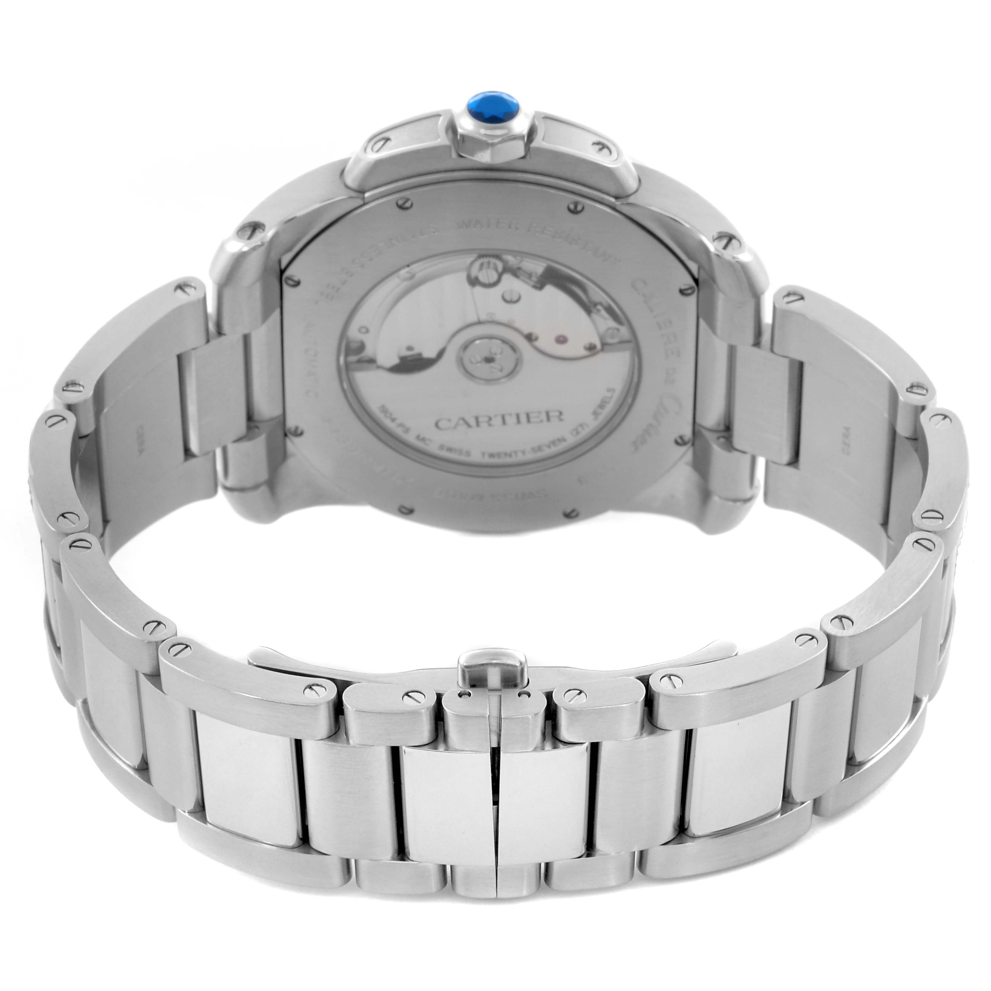 The image shows the back view of the Calibre de Cartier watch by Cartier, highlighting its bracelet and see-through case back.