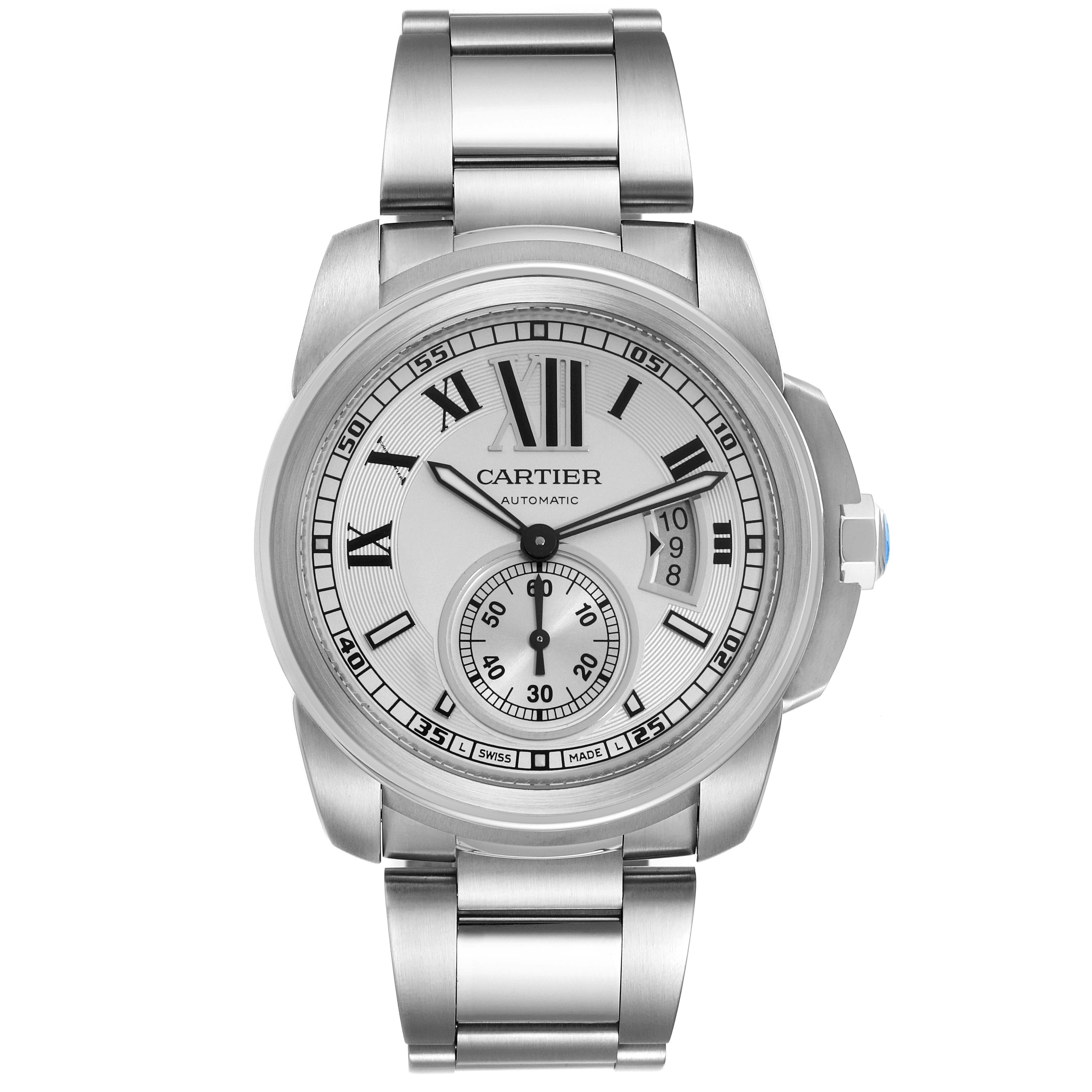 The Calibre de Cartier watch is shown from a front angle, displaying the dial, bezel, and bracelet.