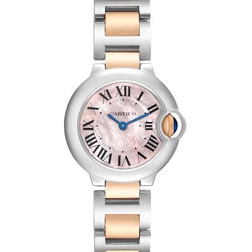 The Cartier Ballon Bleu W6920034 Women's Steel and Gold (two tone) Mother of Pearl Dial watch is shown from the front, displaying its dial, bracelet, and crown.