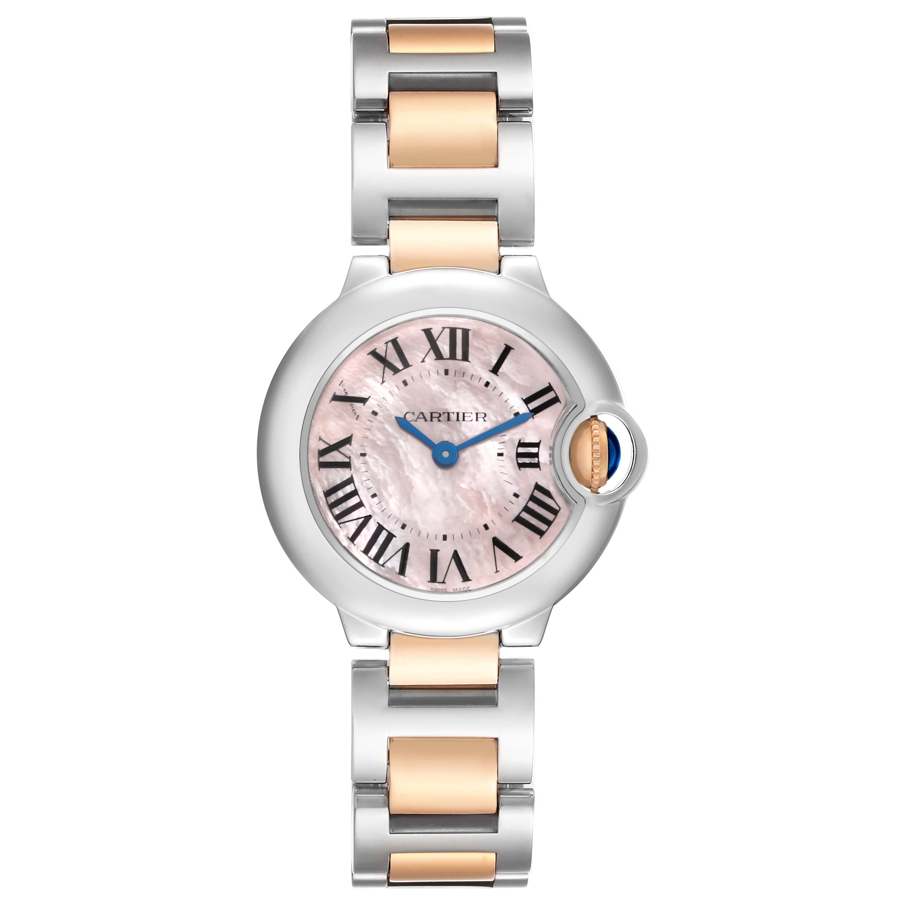 The Cartier Ballon Bleu W6920034 Women's Steel and Gold (two tone) Mother of Pearl Dial watch is shown from the front, highlighting its dial, Roman numerals, and two-tone bracelet.