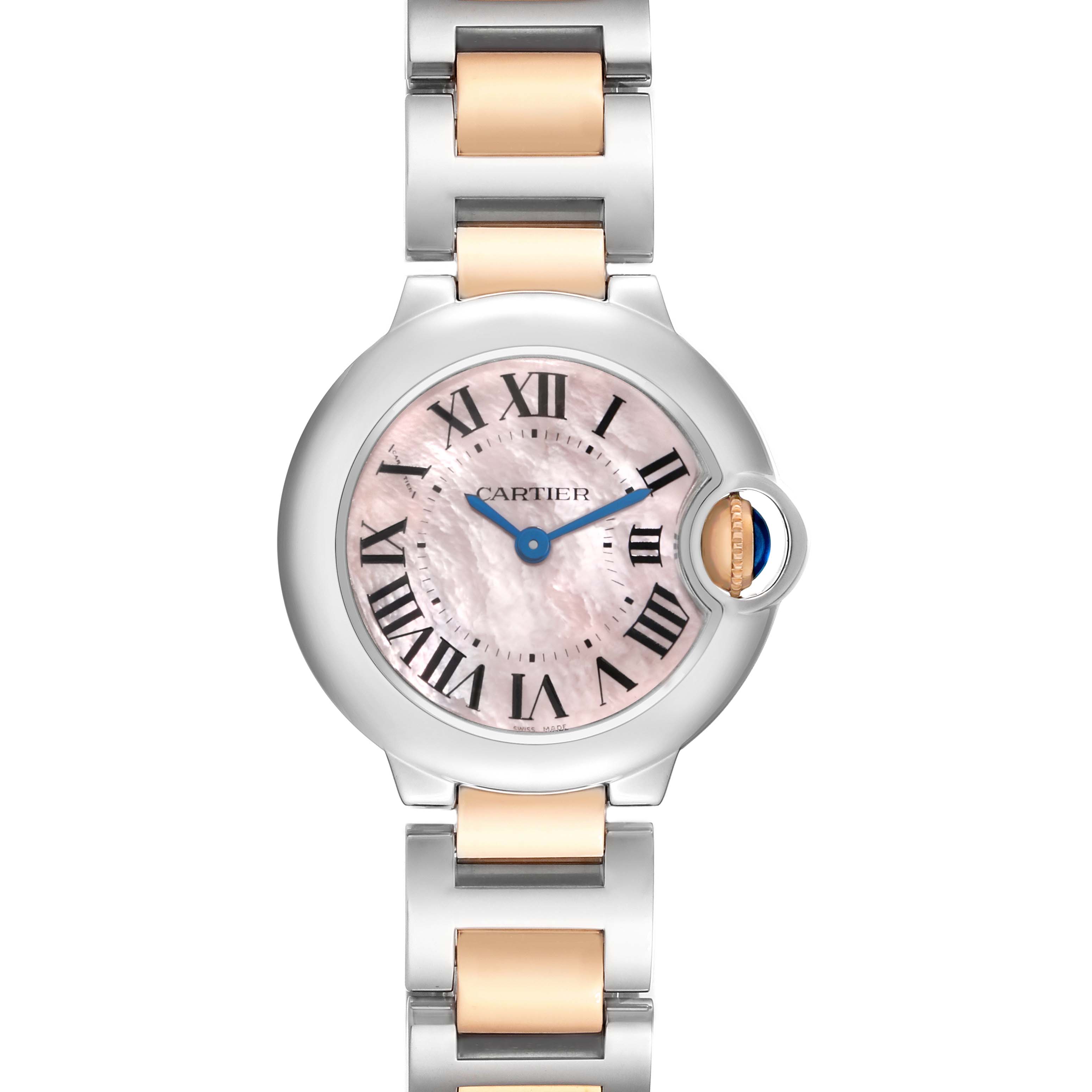 The Cartier Ballon Bleu W6920034 Women's Steel and Gold (two tone) Mother of Pearl Dial watch is shown from a top-down angle, highlighting its face, bezel, crown, and part of the bracelet.