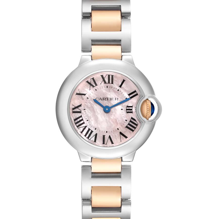 The Cartier Ballon Bleu W6920034 Women's Steel and Gold (two tone) Mother of Pearl Dial watch is shown from a top-down angle, highlighting its face, bezel, crown, and part of the bracelet.