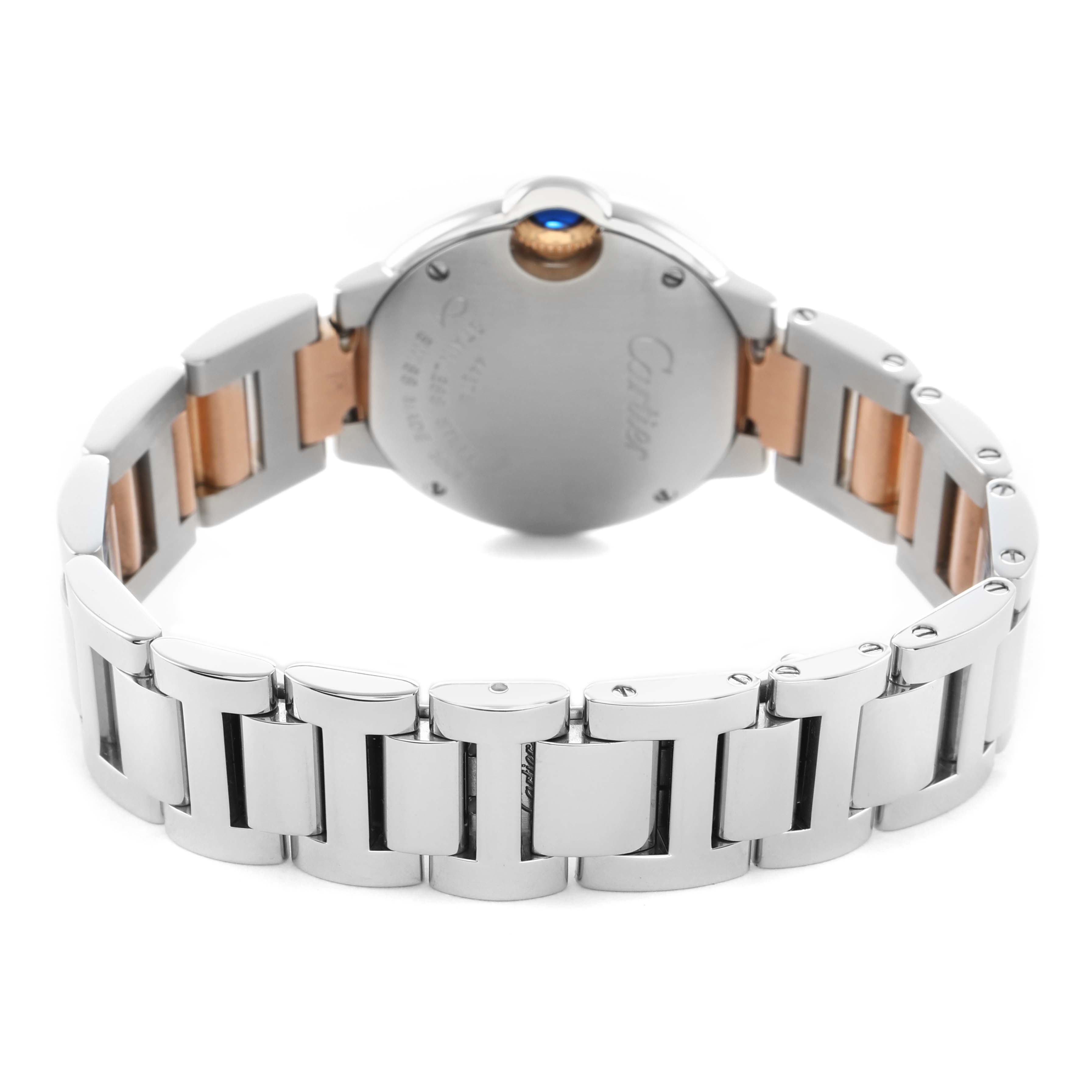 The Cartier Ballon Bleu W6920034 Women's Steel and Gold (two tone) Mother of Pearl Dial watch is shown from the back, highlighting the clasp and bracelet details.