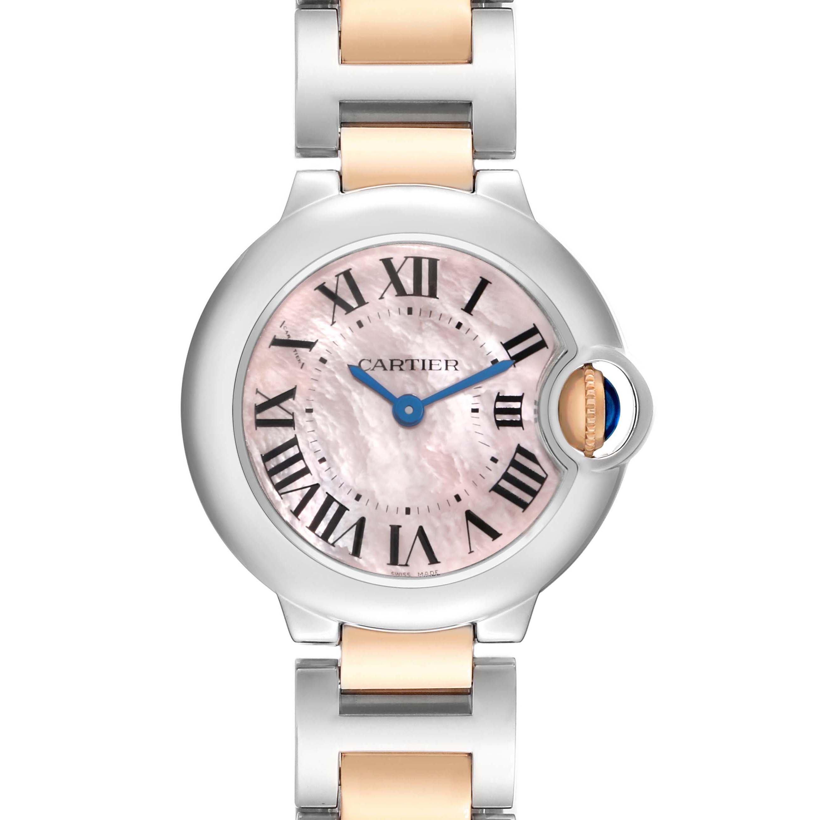 The Cartier Ballon Bleu W6920034 Women's Steel and Gold (two tone) Mother of Pearl Dial watch is shown from the front, highlighting its pink dial, Roman numerals, and bi-color bracelet.