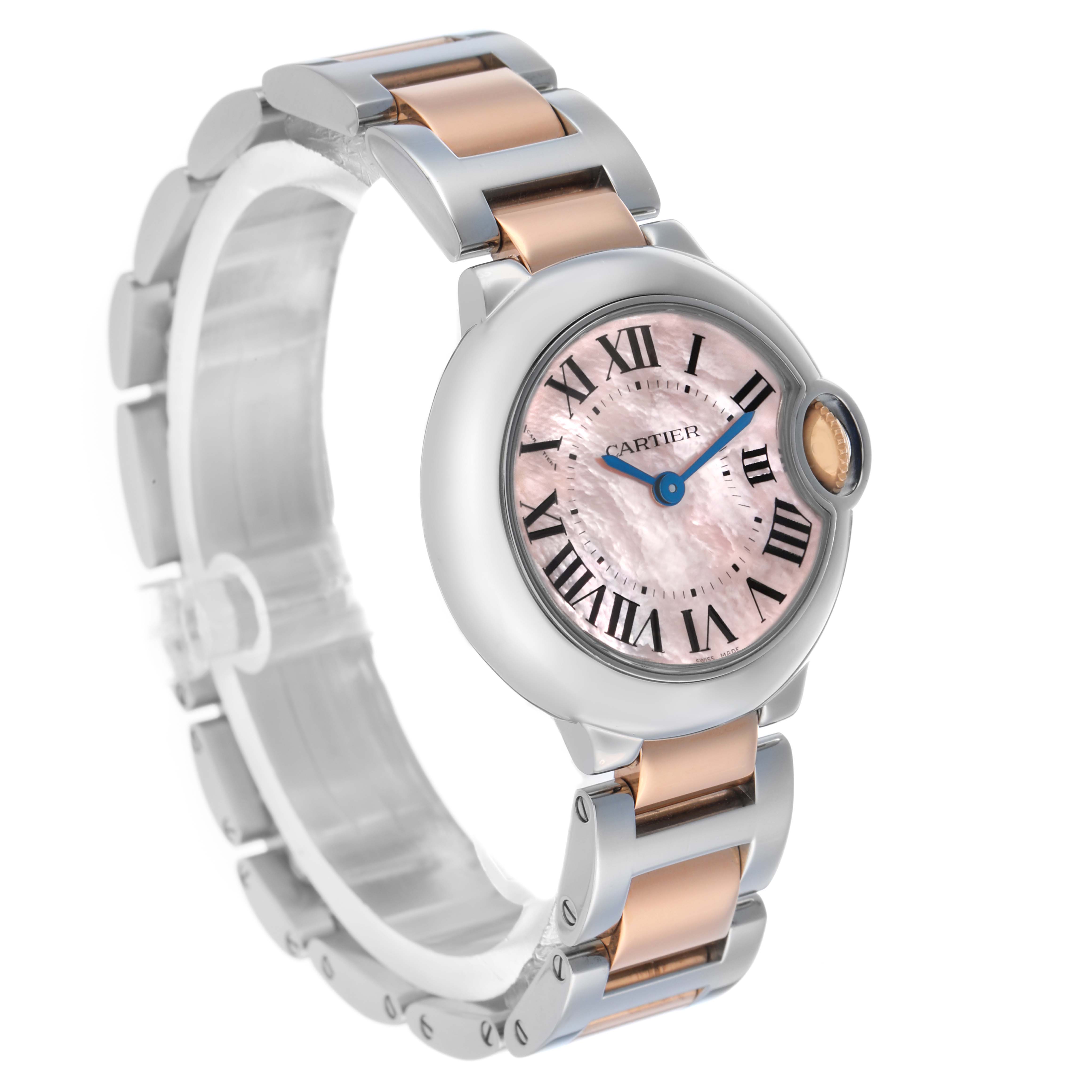 The Cartier Ballon Bleu W6920034 Women's Steel and Gold (two tone) Mother of Pearl Dial watch is shown at a three-quarter angle, displaying its face, band, and crown.