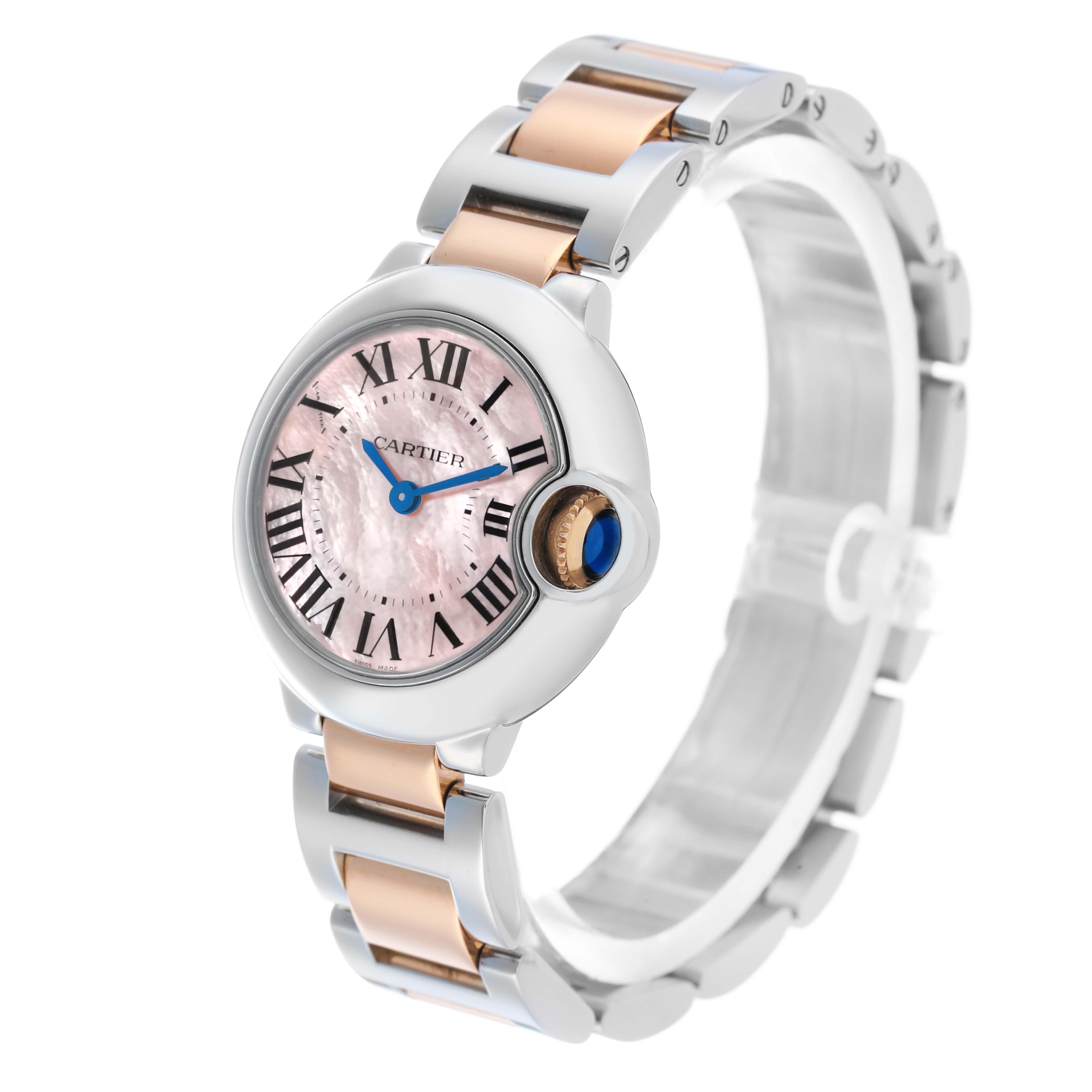 The Cartier Ballon Bleu W6920034 Women's Steel and Gold (two tone) Mother of Pearl Dial watch is shown at a three-quarter angle, highlighting the dial, crown, and bracelet.