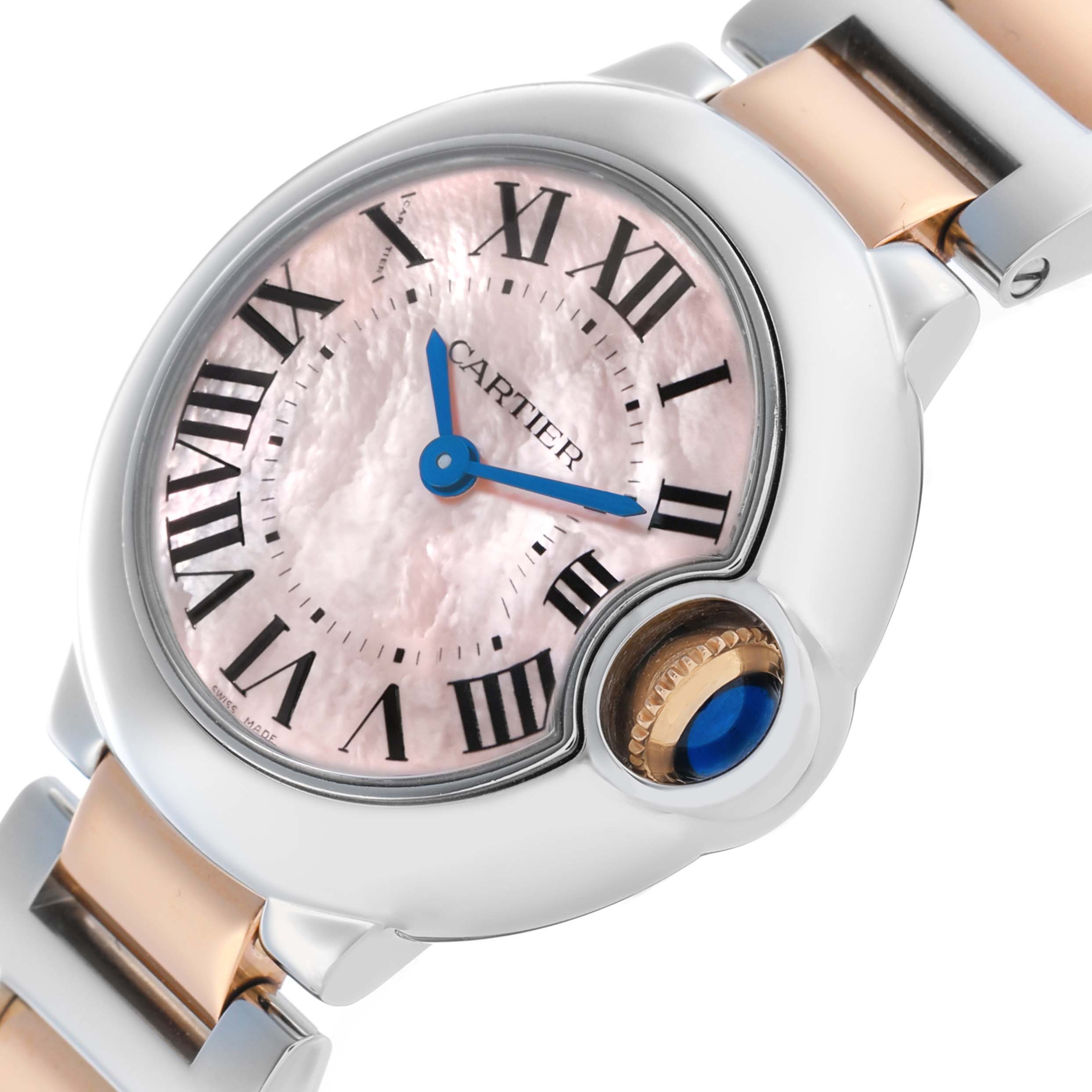 The Cartier Ballon Bleu W6920034 Women's Steel and Gold (two tone) Mother of Pearl Dial watch is shown in a close-up, angled view, highlighting the face, bezel, and crown detail.