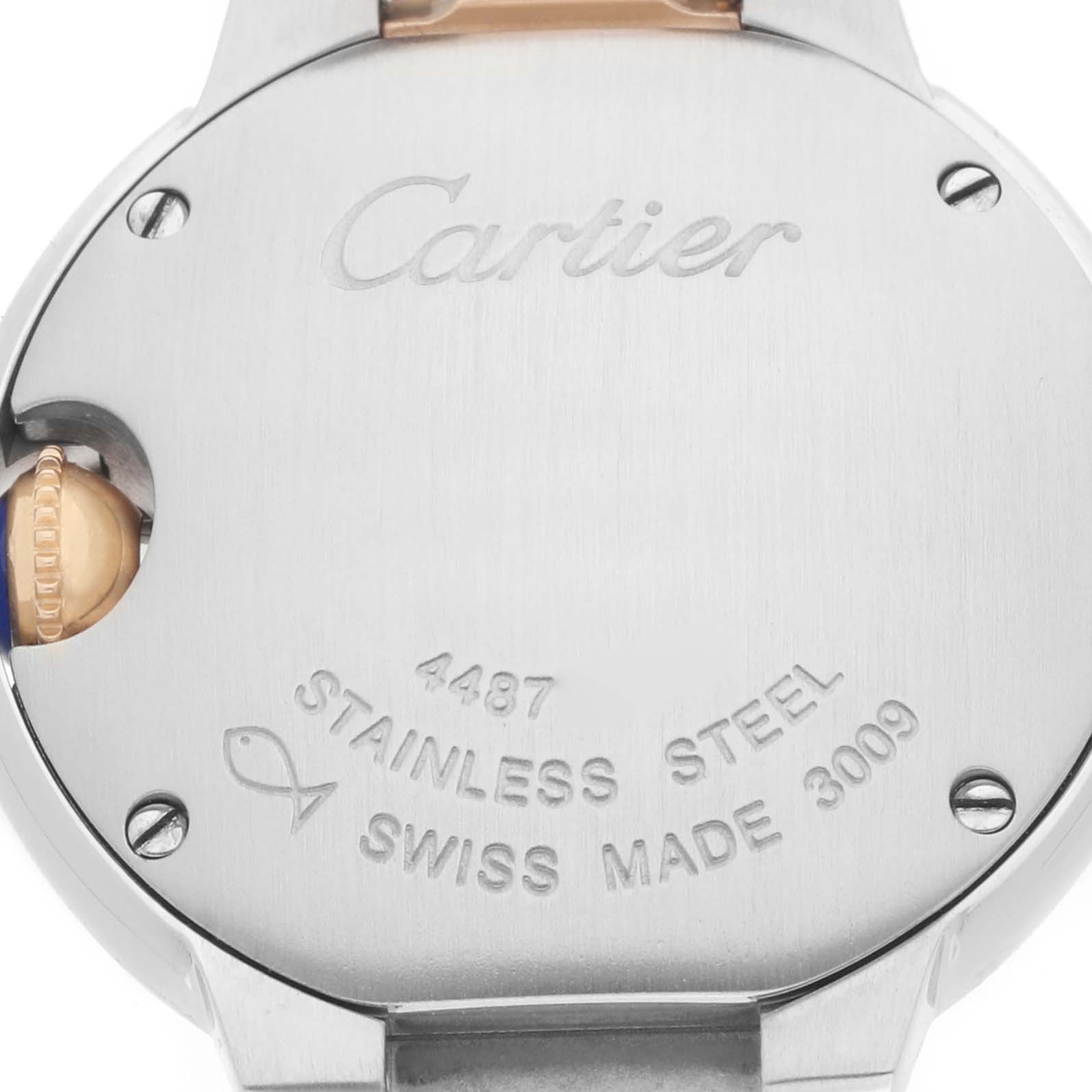 The image shows the back of the Cartier Ballon Bleu W6920034 Women's Steel and Gold (two tone) Mother of Pearl Dial watch, highlighting the case back and crown.