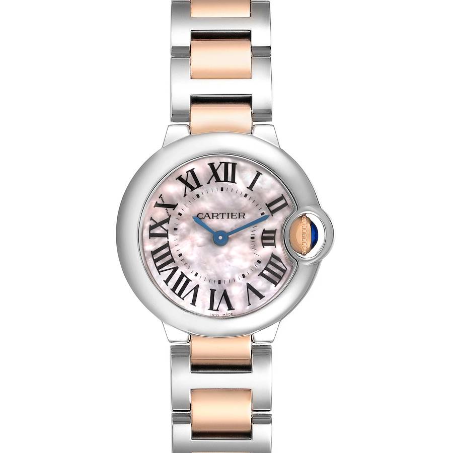 The Cartier Ballon Bleu W6920034 Women's Steel and Gold (two tone) Mother of Pearl Dial watch is shown in a direct frontal view, displaying its round face, Roman numerals, and two-tone bracelet.