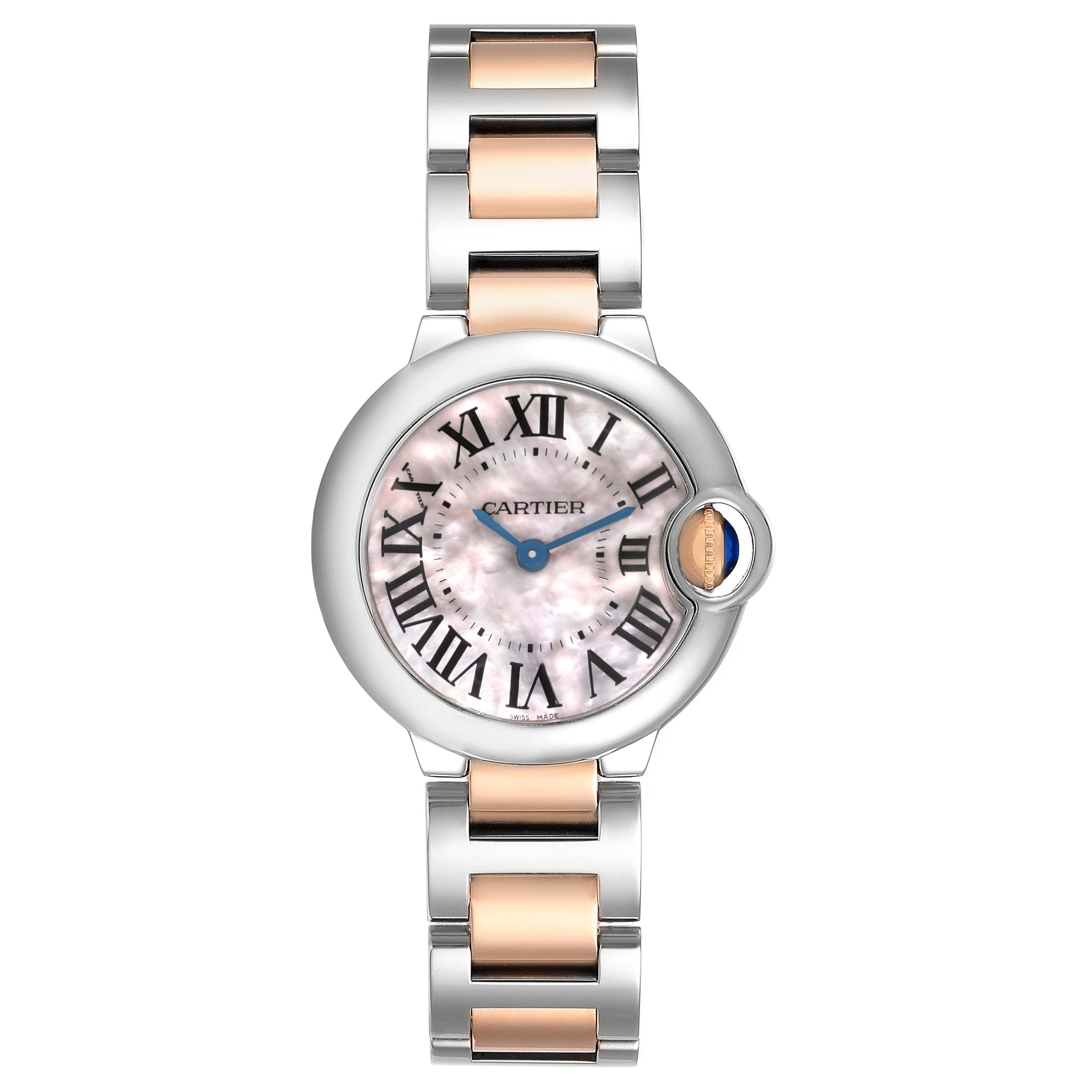 The Cartier Ballon Bleu W6920034 Women's Steel and Gold (two tone) Mother of Pearl Dial watch is shown from a top-down angle, displaying its dial, hands, and two-tone bracelet.