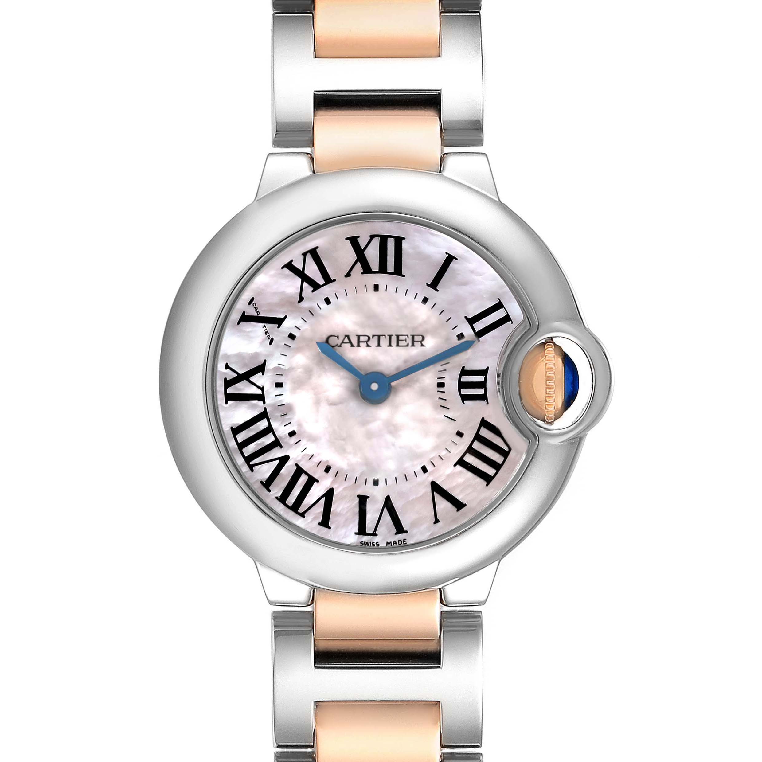 The Cartier Ballon Bleu W6920034 Women's Steel and Gold (two tone) Mother of Pearl Dial watch is shown from the front, highlighting its round face, Roman numerals, and two-tone bracelet.