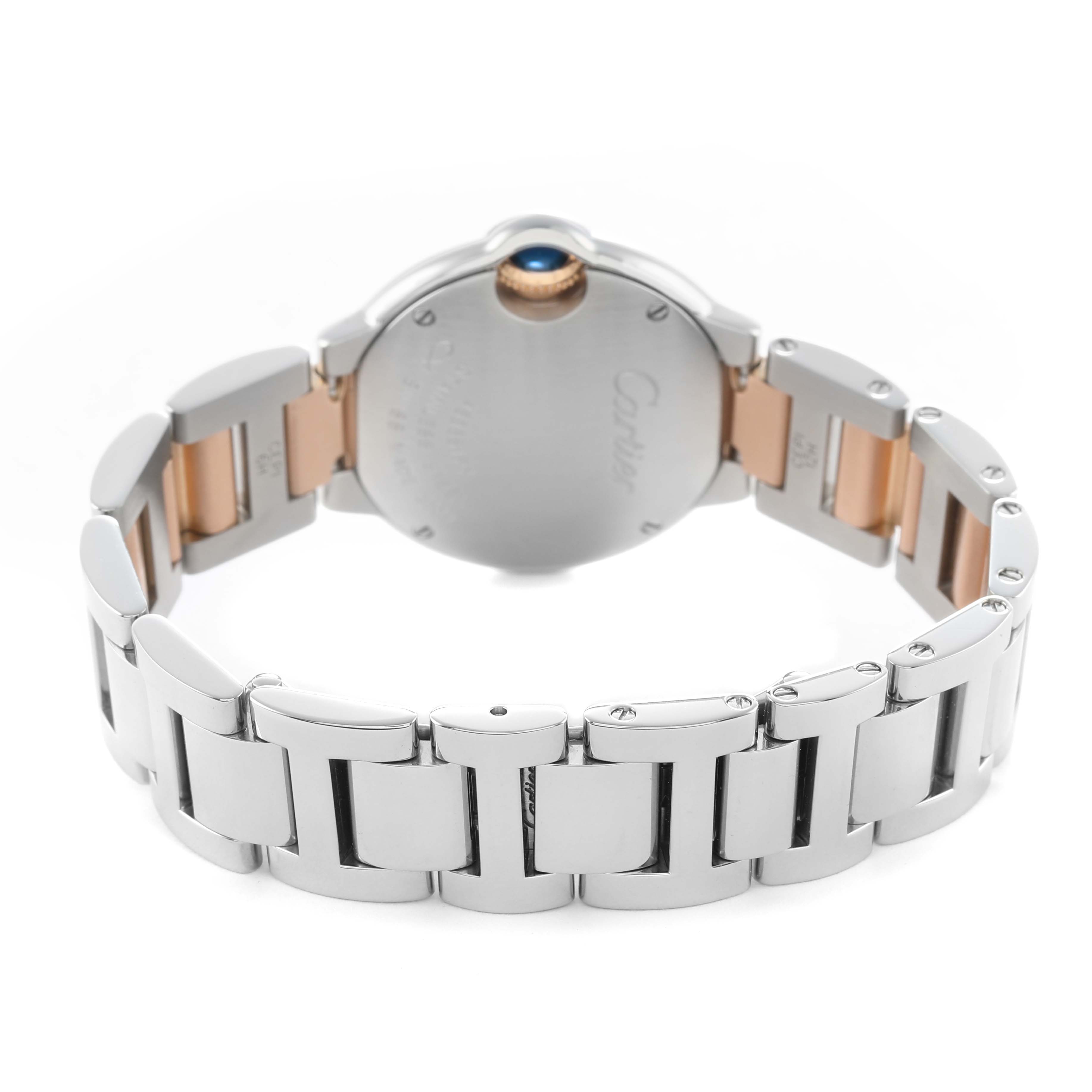 The image shows the back of the Cartier Ballon Bleu W6920034 Women's Steel and Gold (two tone) Mother of Pearl Dial watch, focusing on the bracelet and clasp detail.