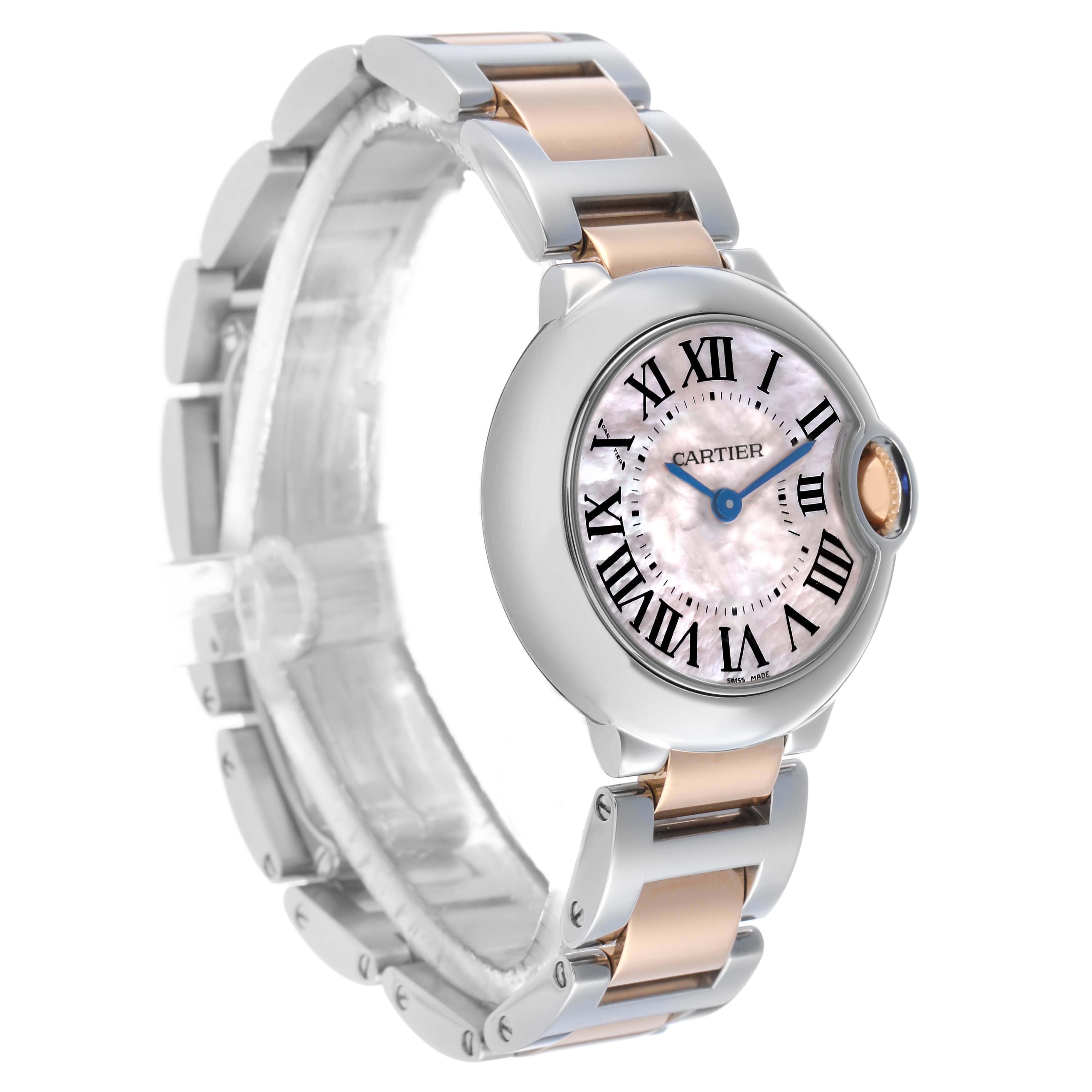 The Cartier Ballon Bleu W6920034 Women's Steel and Gold (two tone) Mother of Pearl Dial watch is shown at a three-quarter angle, highlighting the dial, crown, and part of the two-tone bracelet.