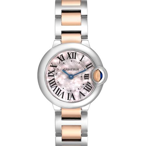 The image shows a frontal view of the Cartier Ballon Bleu W6920034 Women's Steel and Gold (two tone) Mother of Pearl Dial watch, highlighting its dial, Roman numerals, and two-tone bracelet.