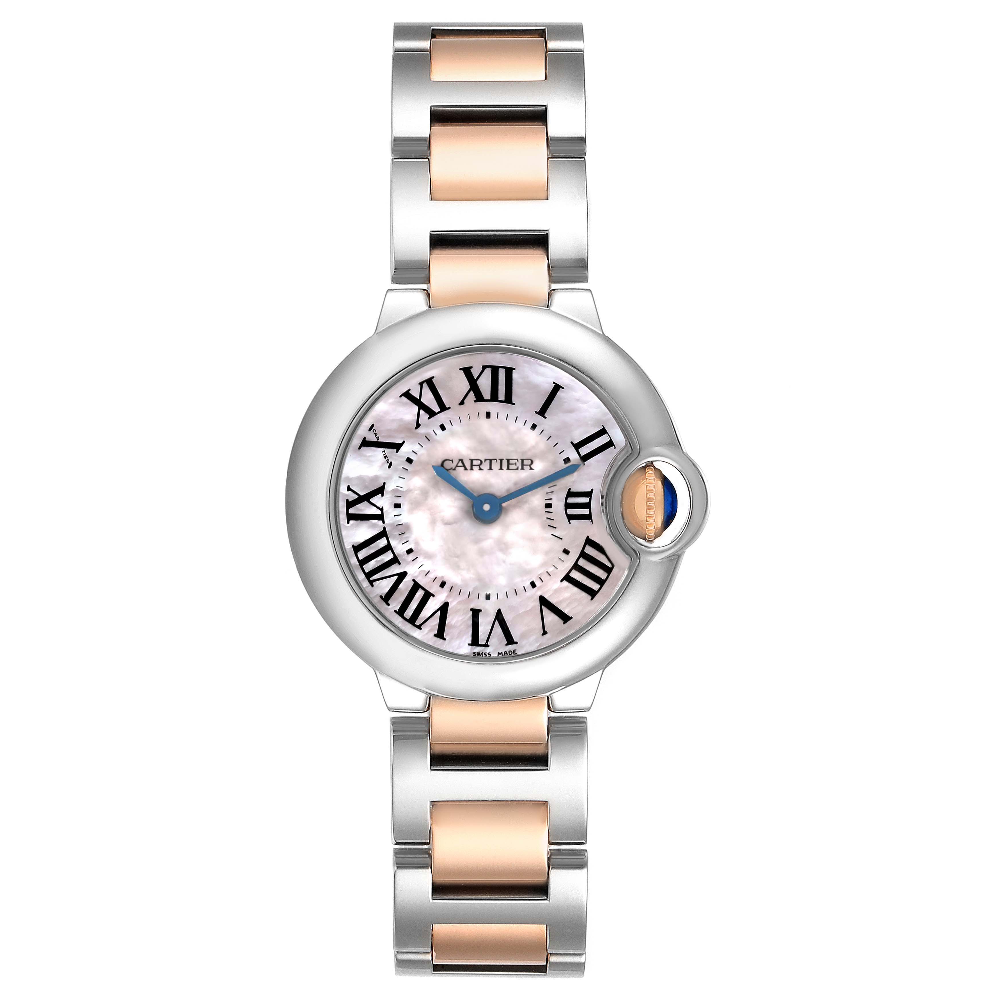 The Cartier Ballon Bleu W6920034 Women's Steel and Gold (two tone) Mother of Pearl Dial watch is shown from a frontal view, highlighting its round face and mixed-metal bracelet.