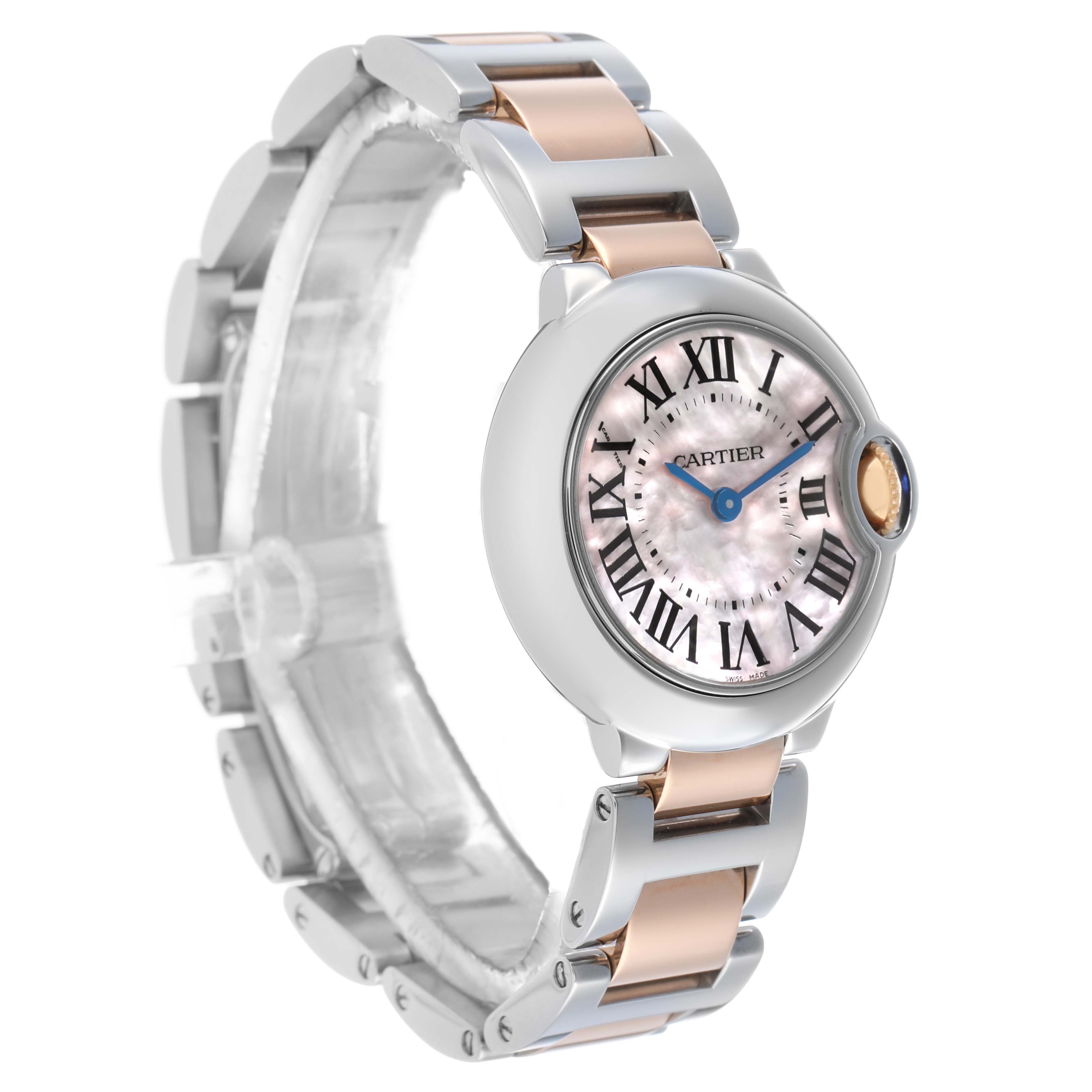 The Cartier Ballon Bleu W6920034 Women's Steel and Gold (two tone) Mother of Pearl Dial watch is shown at a slight angle, highlighting the face, bezel, and two-tone bracelet.