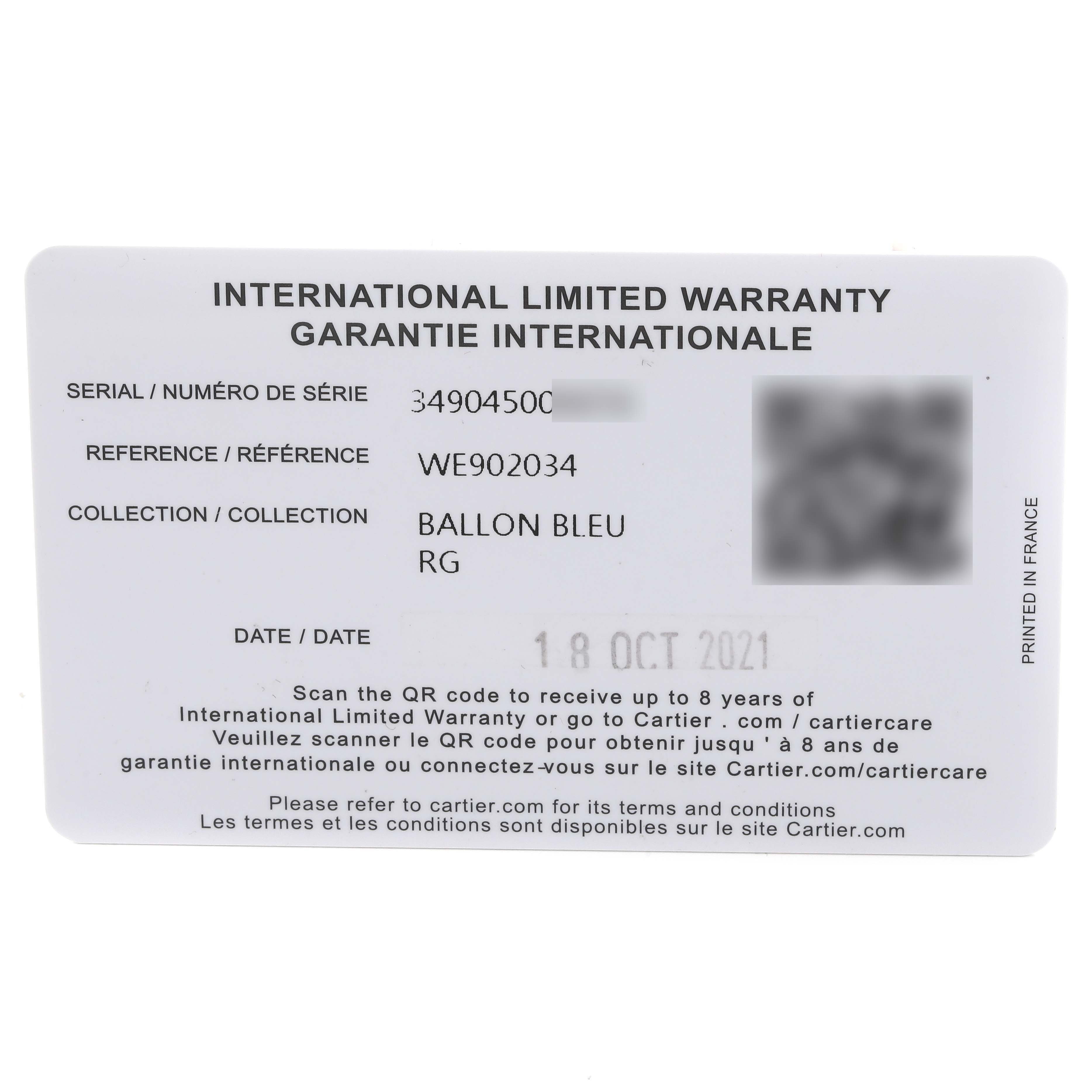 The image shows an international limited warranty card for the Cartier Ballon Bleu WE902034 Women's Yellow Gold Silver Dial WE902034 Women's Yellow Gold Silver Dial model.