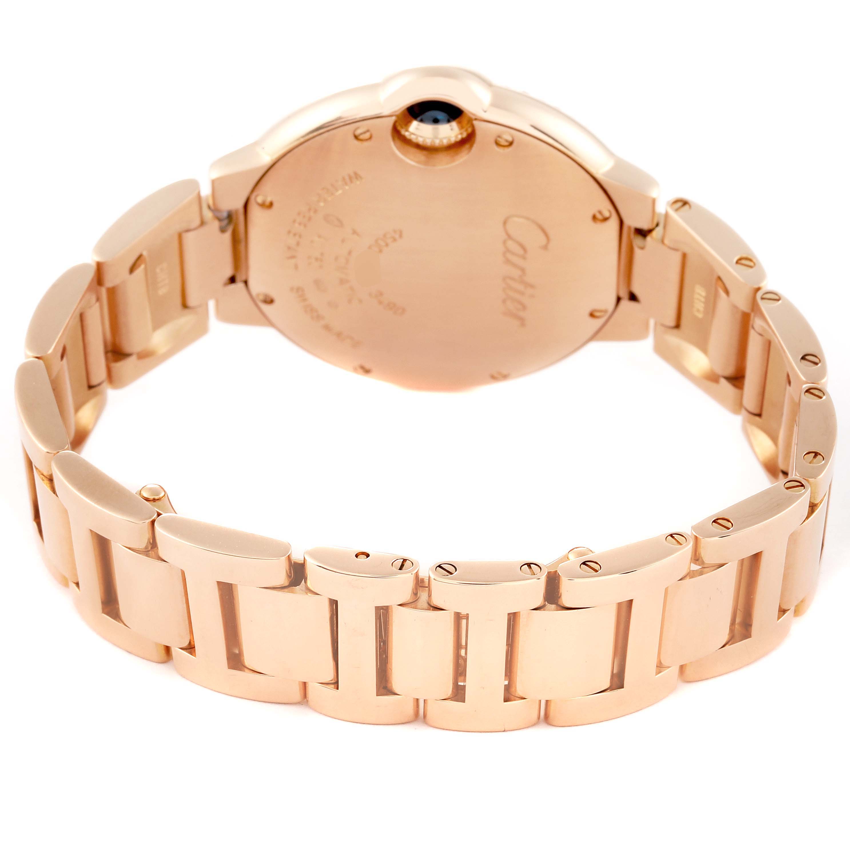 The image shows the back view of a Cartier Ballon Bleu WE902034 Women's Yellow Gold Silver Dial WE902034 Women's Yellow Gold Silver Dial watch, highlighting its rose gold bracelet and case back.