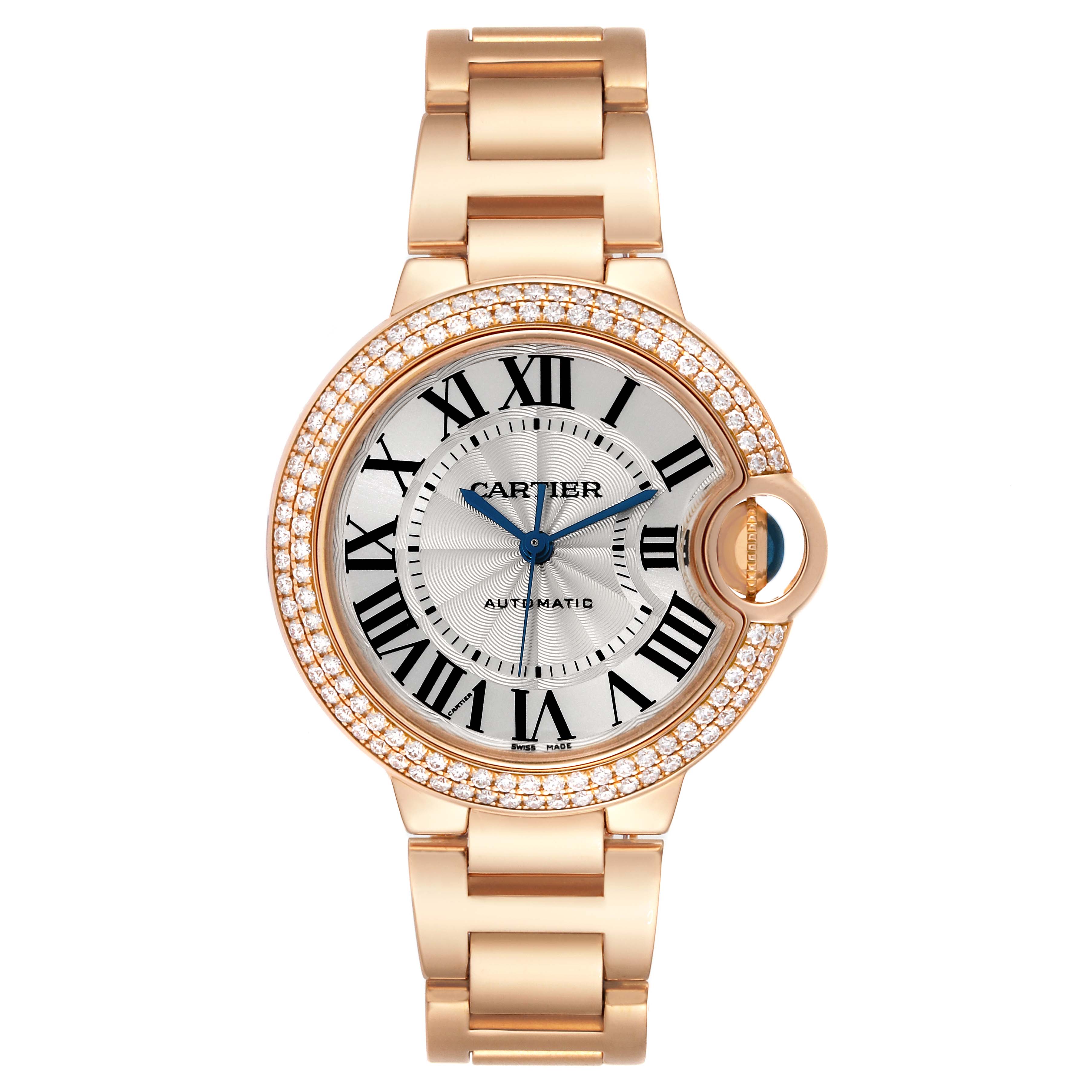 The image shows a front view of the Cartier Ballon Bleu WE902034 Women's Yellow Gold Silver Dial WE902034 Women's Yellow Gold Silver Dial watch, highlighting its dial, bracelet, and diamond-set bezel.