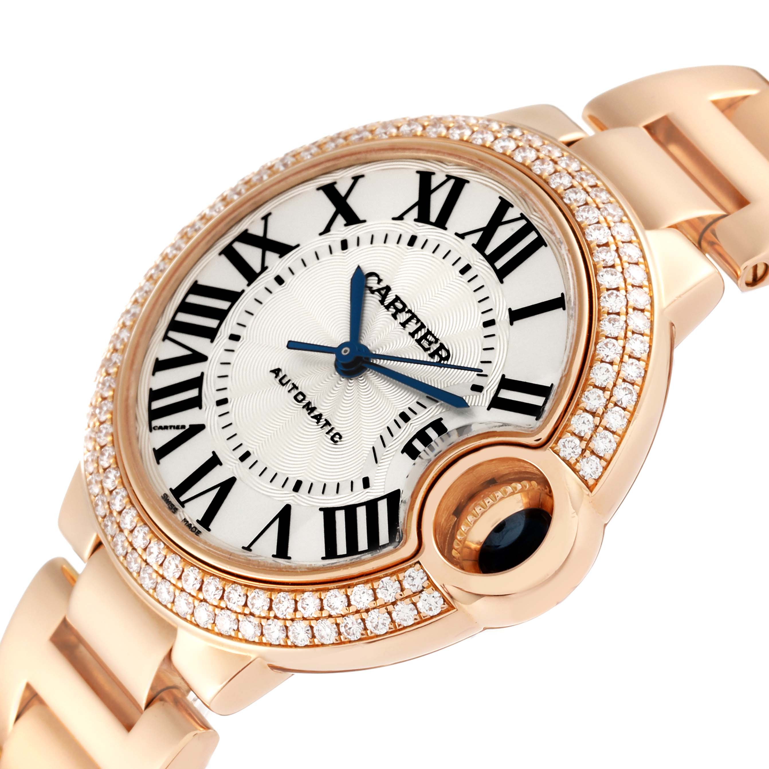 The image shows a close-up angle of a Ballon Bleu de Cartier watch, highlighting its diamond-set bezel and dial with Roman numerals.