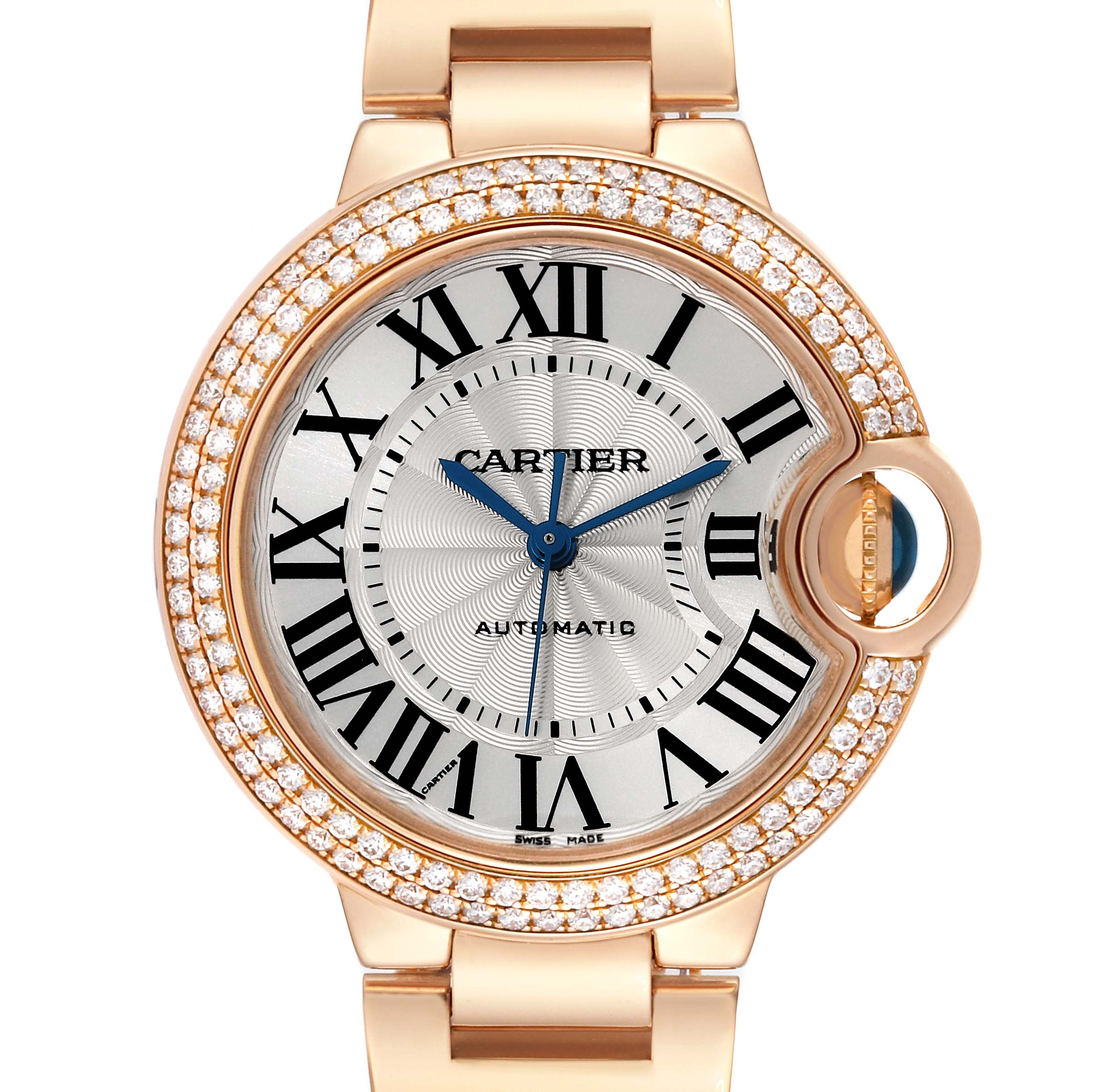 This image shows a close-up of the dial, bezel, and part of the bracelet of a Ballon Bleu de Cartier watch.