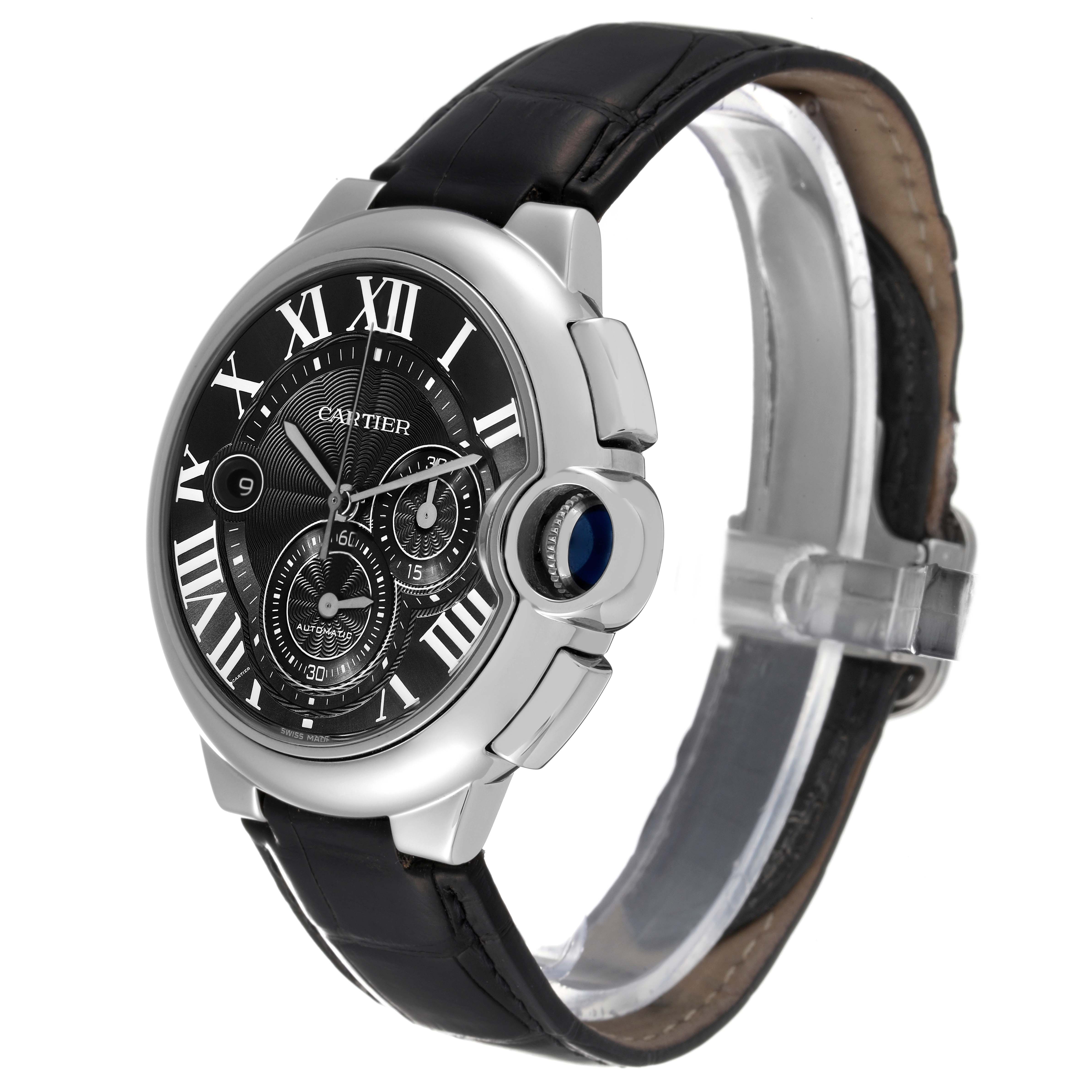 The image shows a Ballon Bleu de Cartier watch from a side angle, displaying the black leather strap, silver case, and detailed dial.