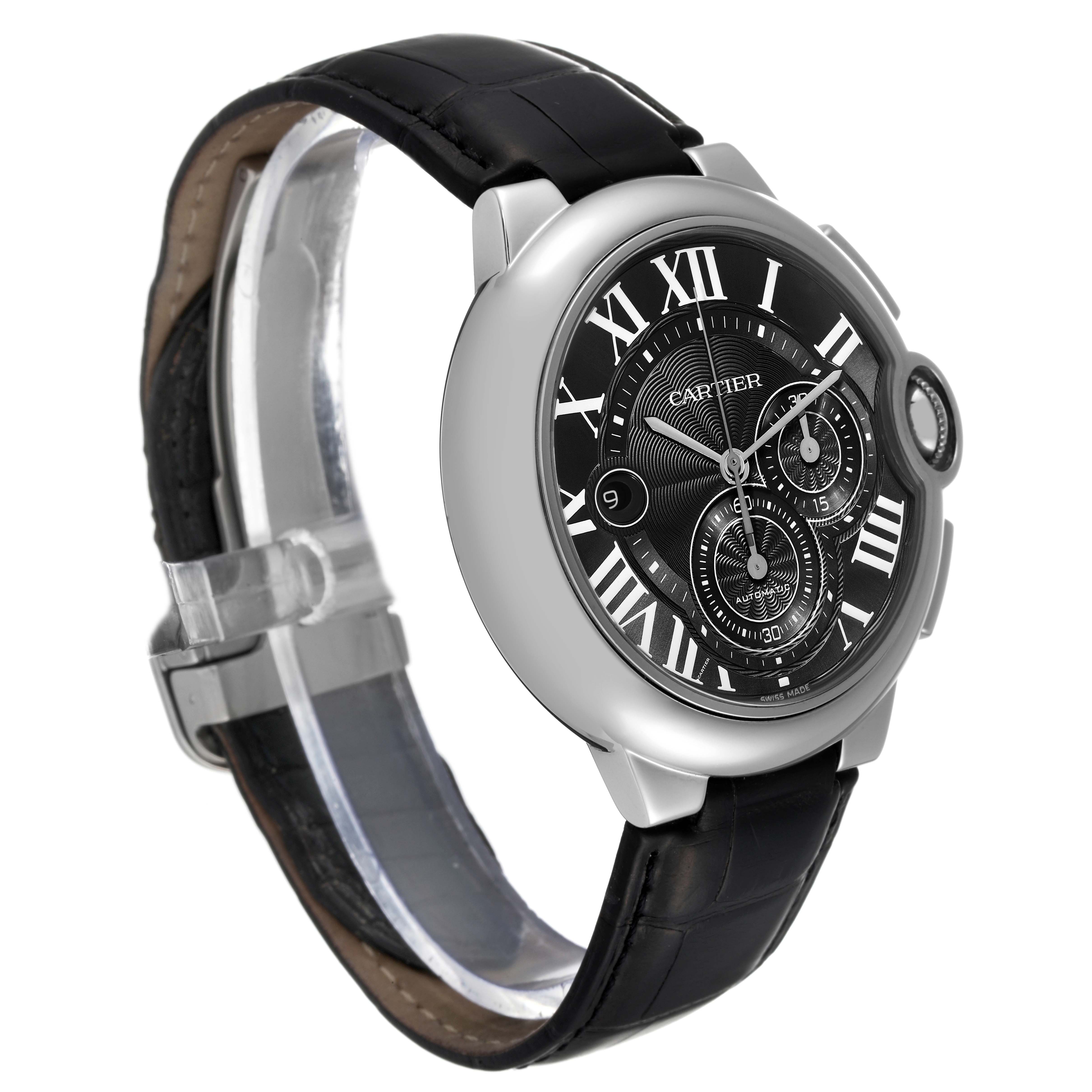 The image shows a side angle of the Cartier Ballon Bleu W6920052 Men's Stainless Steel Black Dial W6920052 Men's Stainless Steel Black Dial watch, highlighting its black strap and detailed face with Roman numerals.
