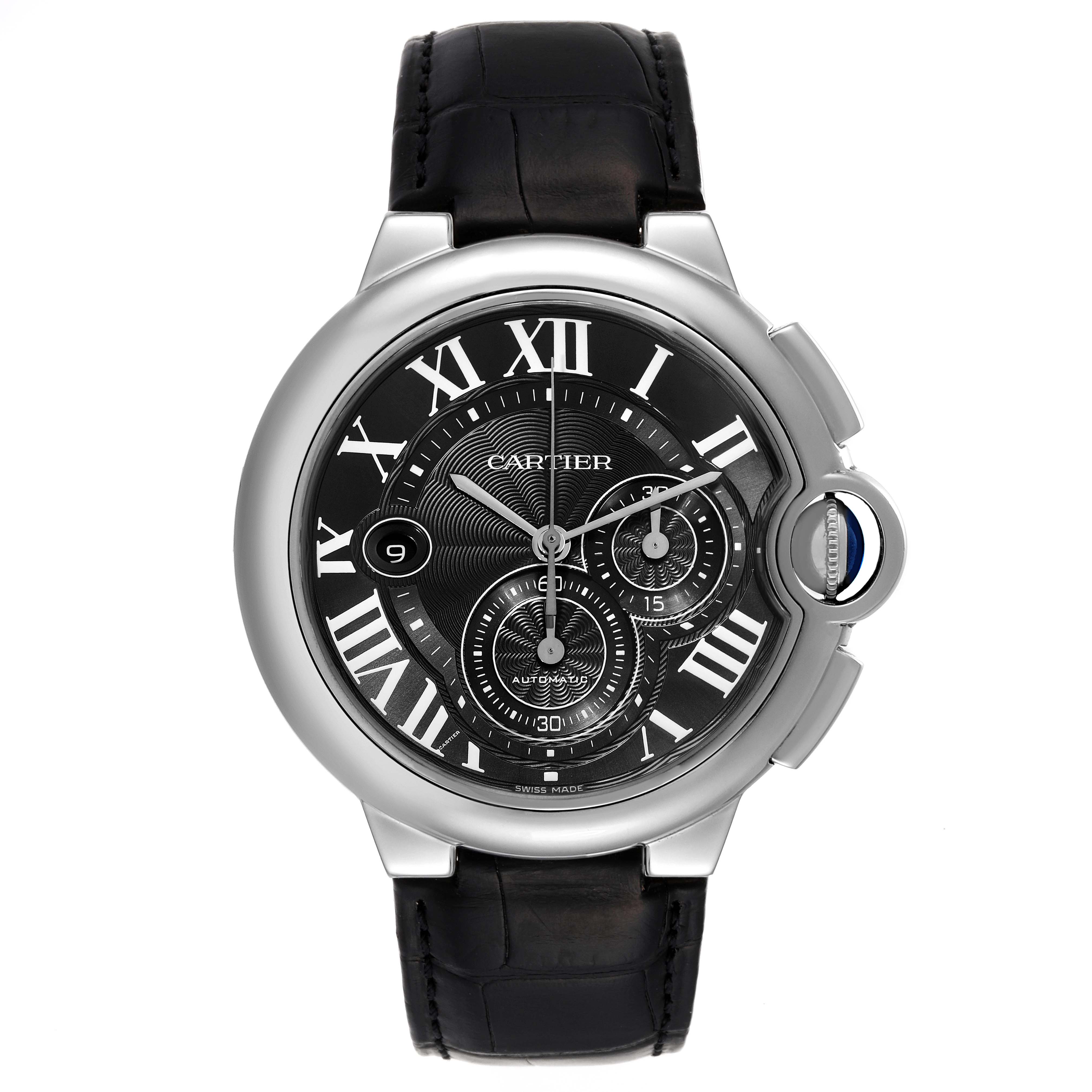 The image shows a frontal view of the Cartier Ballon Bleu W6920052 Men's Stainless Steel Black Dial W6920052 Men's Stainless Steel Black Dial watch, including its dial, Roman numerals, and leather strap.