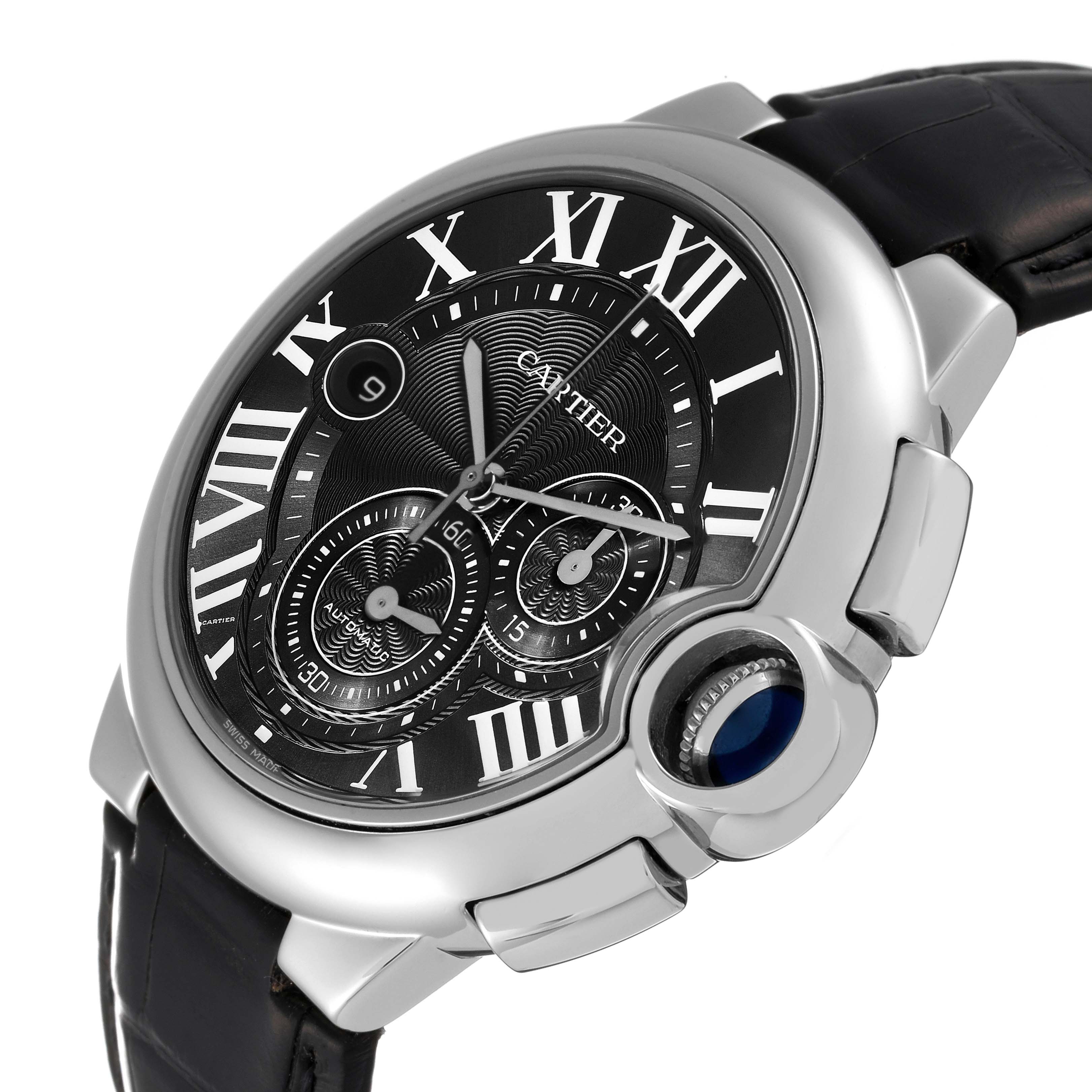 The Cartier Ballon Bleu W6920052 Men's Stainless Steel Black Dial W6920052 Men's Stainless Steel Black Dial watch is shown from an angled view, highlighting its black dial, Roman numerals, and fluted crown with a blue cabochon.