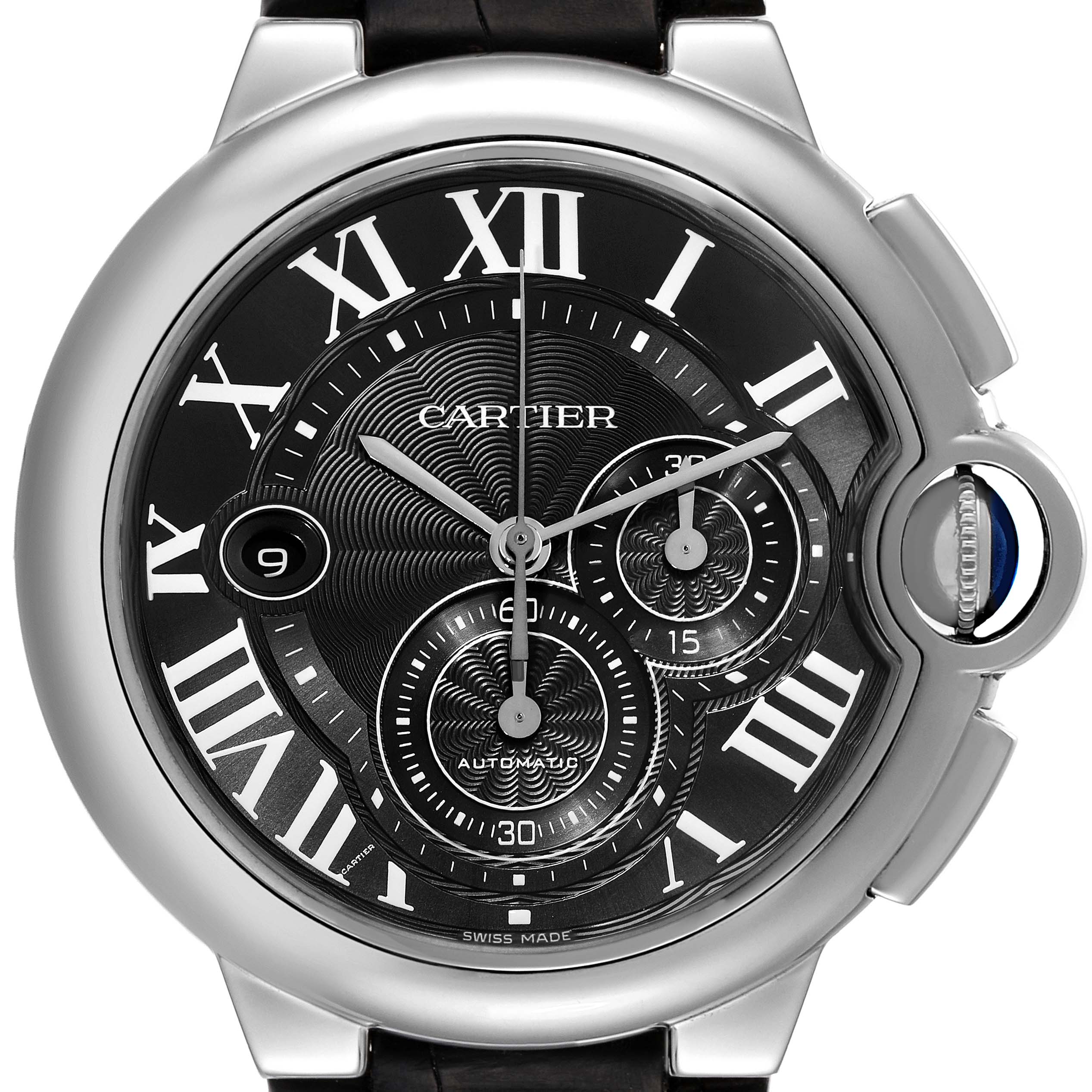 The image shows a close-up of the face and crown of the Ballon Bleu model by Cartier, featuring Roman numerals and sub-dials.