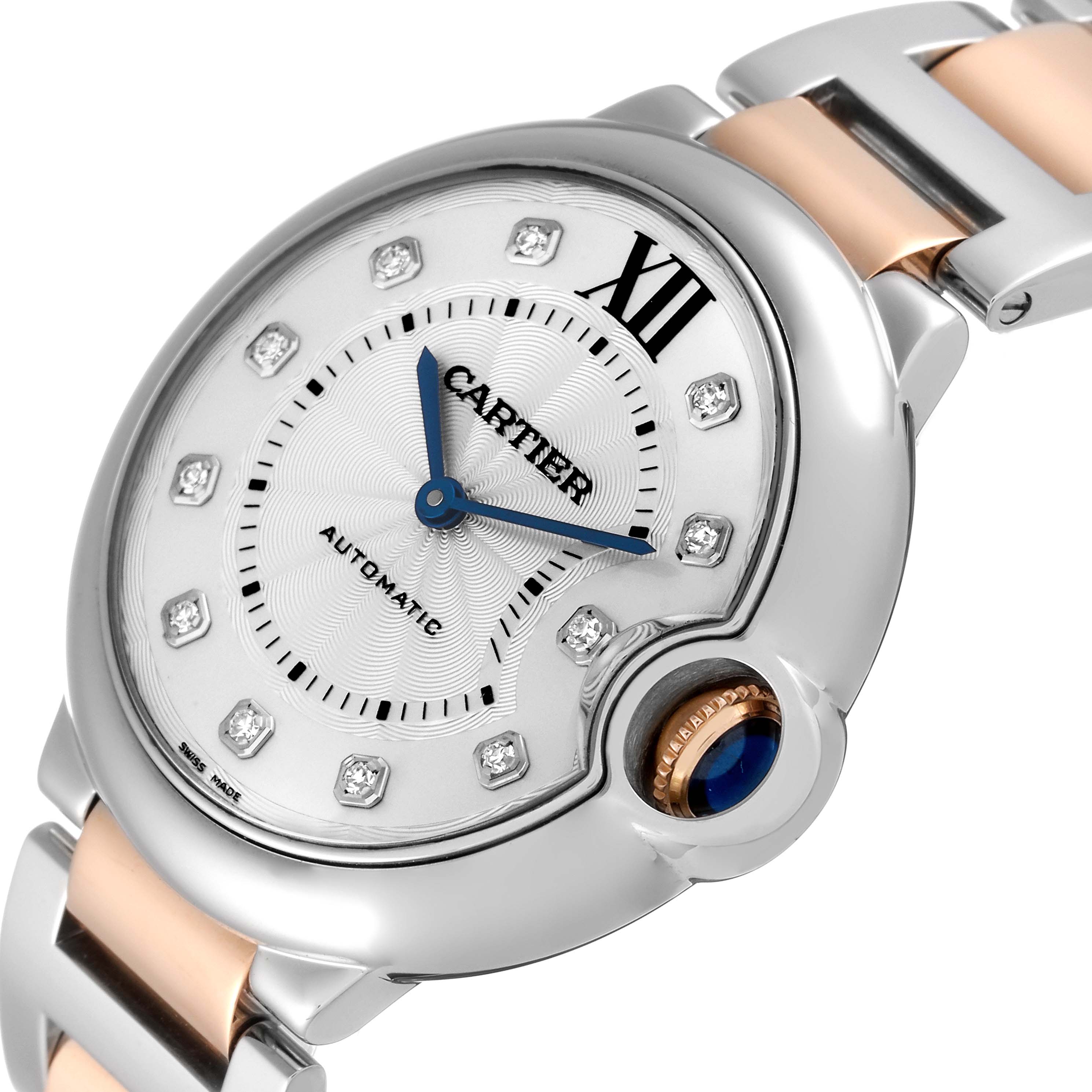 This image shows a close-up, angled view of a Cartier Ballon Bleu W3BB0018 Women
s Steel and Gold (two tone) Silver Dial W3BB0018 Women
s Steel and Gold (two tone) Silver Dial watch, highlighting its face, crown, and part of the bracelet.