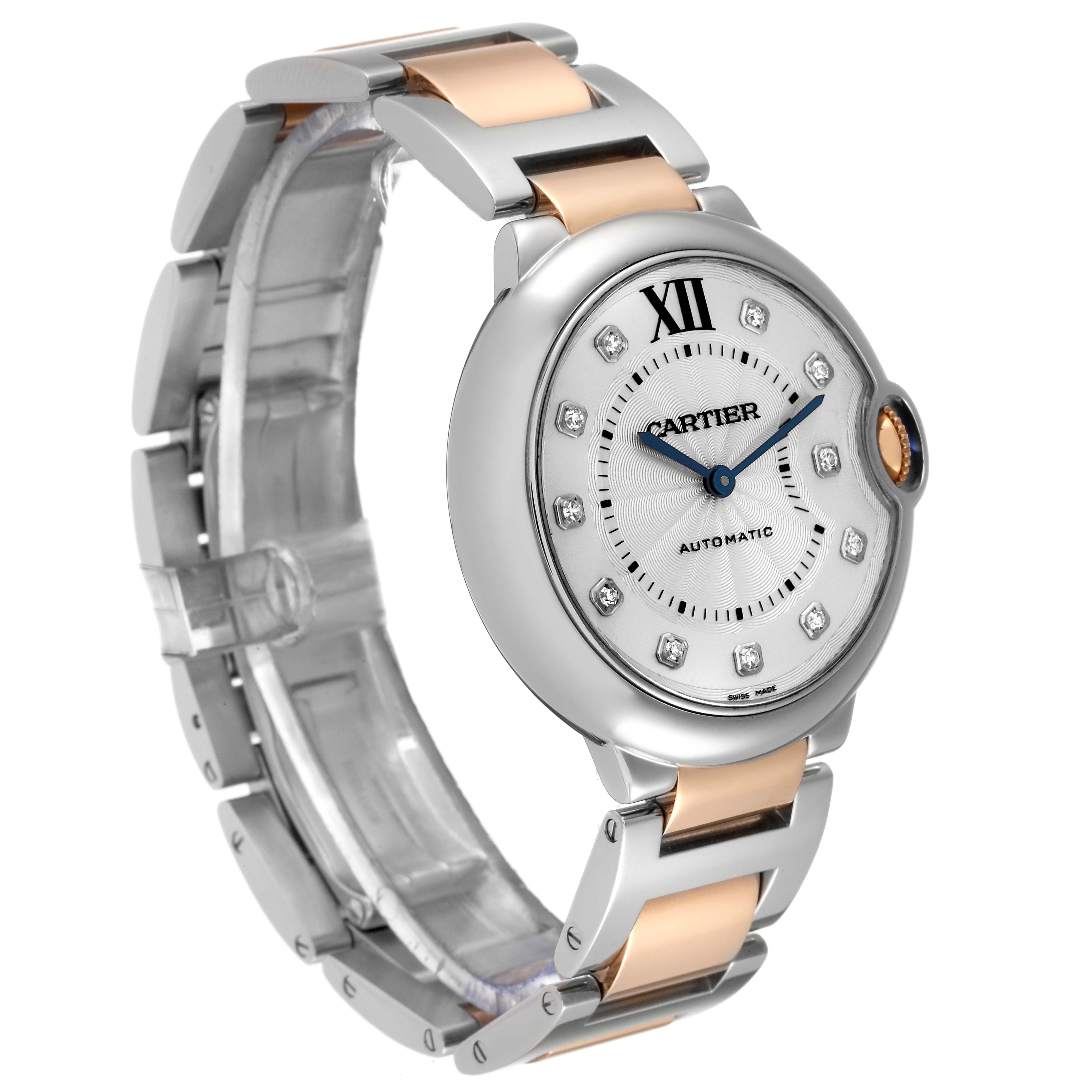 The image shows a side-angle view of the Cartier Ballon Bleu W3BB0018 Women
s Steel and Gold (two tone) Silver Dial W3BB0018 Women
s Steel and Gold (two tone) Silver Dial watch, highlighting its dial, crown, and metal bracelet.