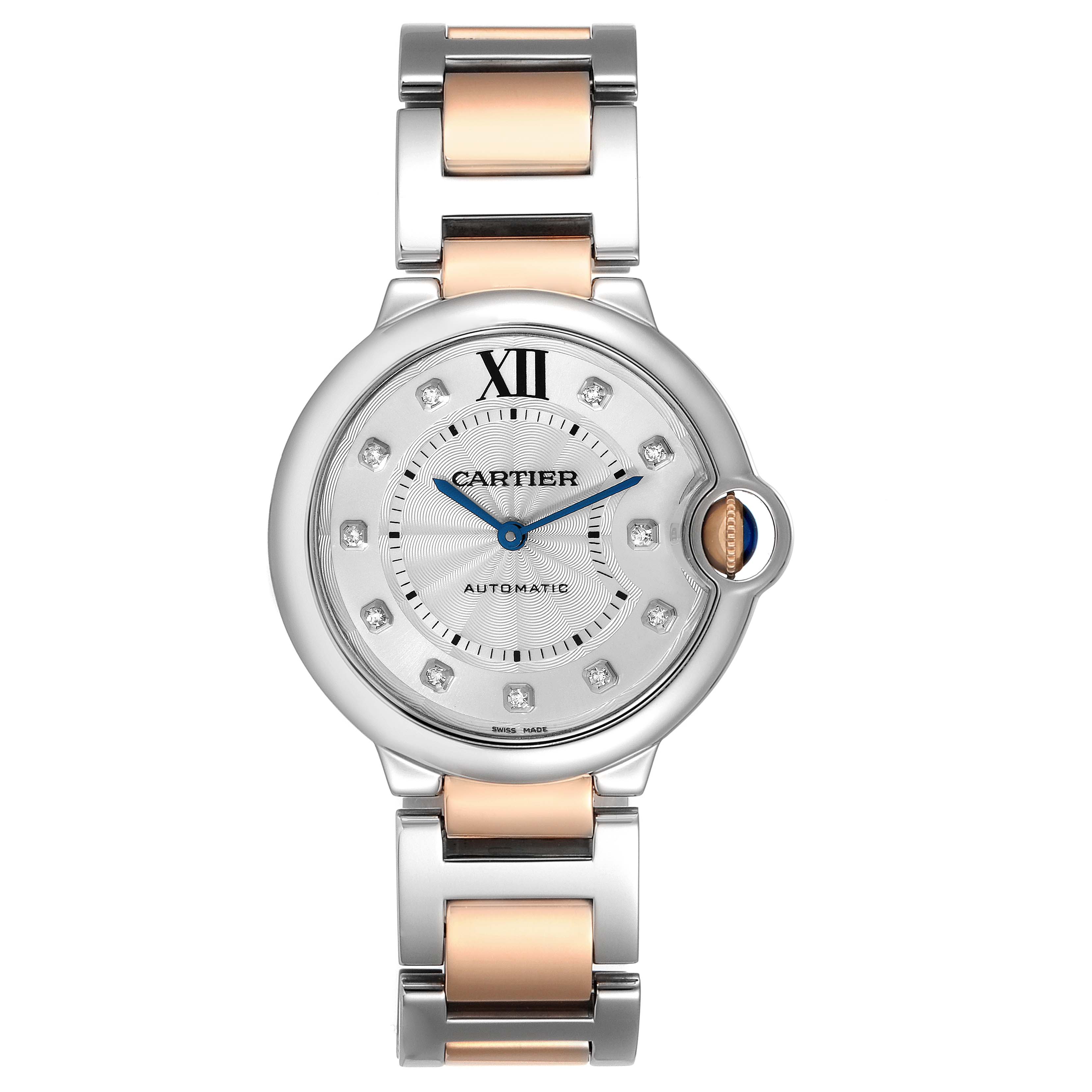 The Cartier Ballon Bleu W3BB0018 Women
s Steel and Gold (two tone) Silver Dial W3BB0018 Women
s Steel and Gold (two tone) Silver Dial watch is shown from a front angle, highlighting its face and two-tone metal bracelet.