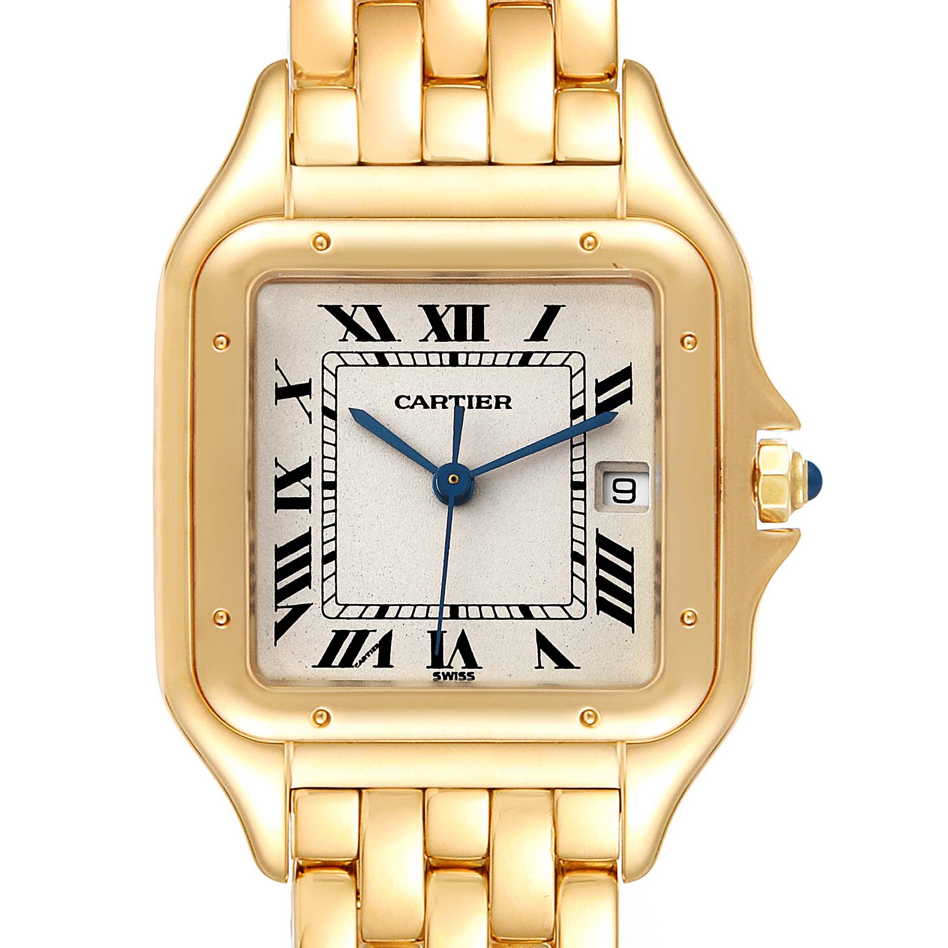 This image shows a front view of the Cartier Panthere W25014B9 Men's Yellow Gold Silver Dial W25014B9 Men's Yellow Gold Silver Dial watch, highlighting the face, hands, and part of the bracelet.