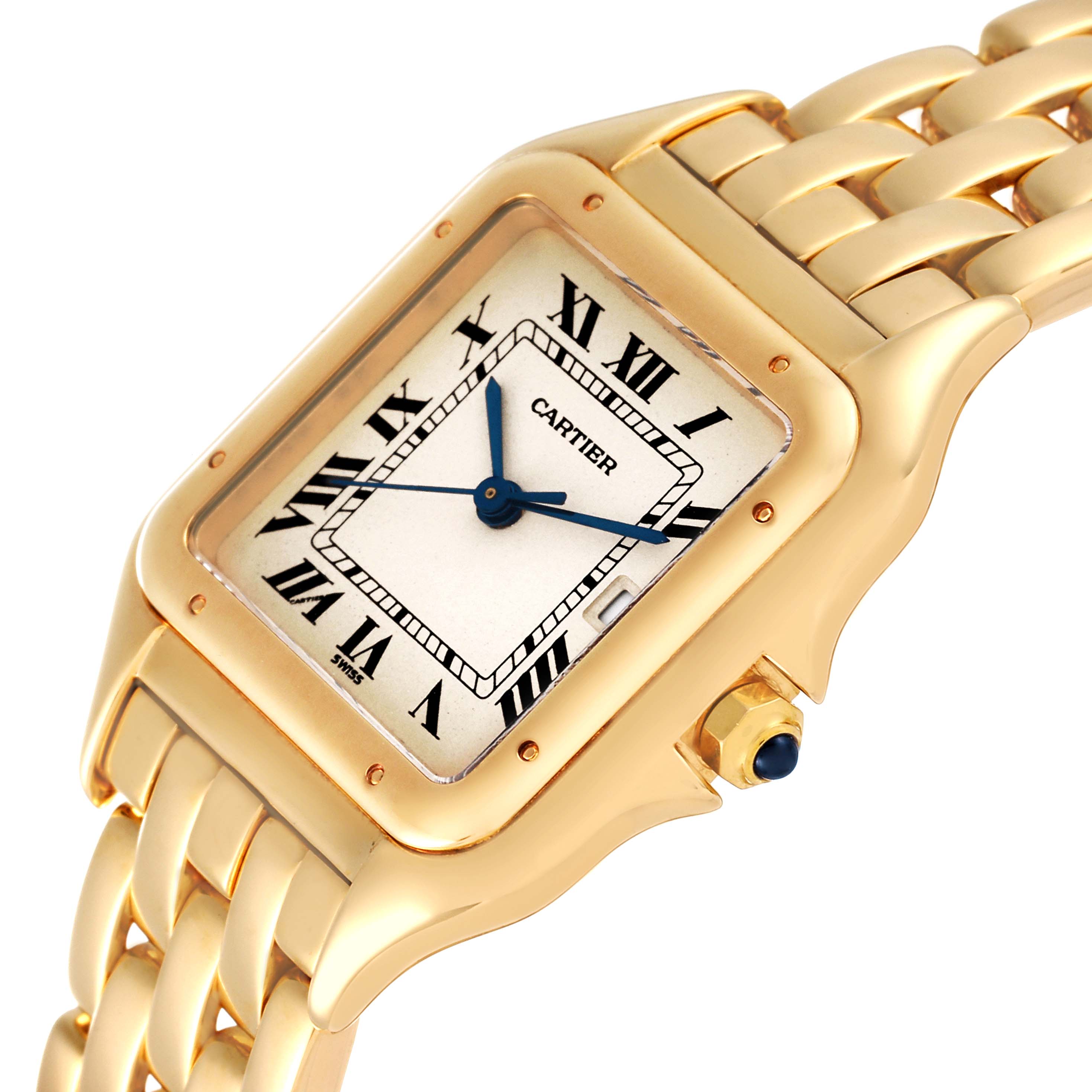 This image shows a Cartier Panthere W25014B9 Men's Yellow Gold Silver Dial W25014B9 Men's Yellow Gold Silver Dial watch angled from the front, highlighting its gold casing, bracelet, and Roman numeral dial.
