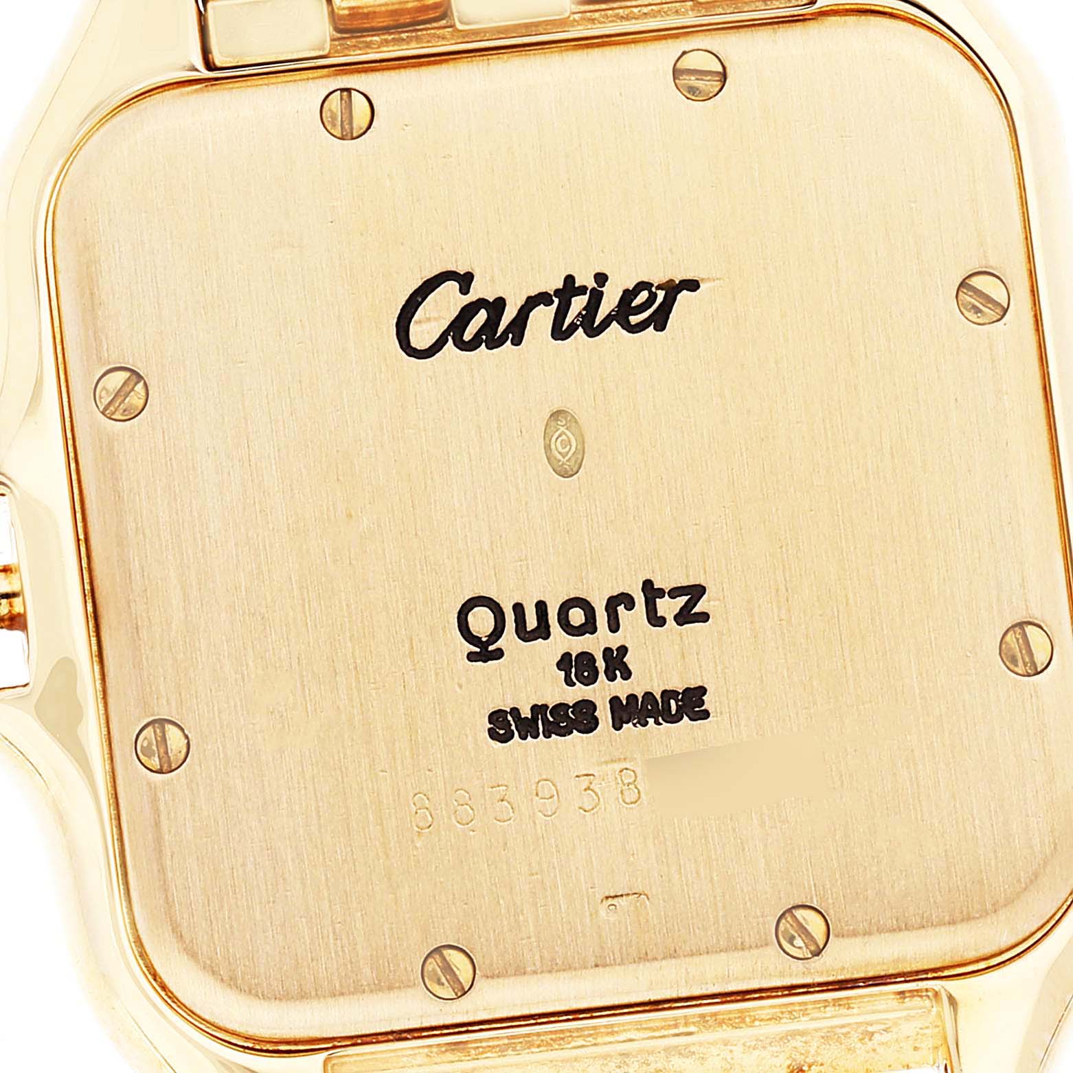 The image shows the back case of a Cartier Panthere W25014B9 Men's Yellow Gold Silver Dial W25014B9 Men's Yellow Gold Silver Dial watch with engraved details and screws visible.